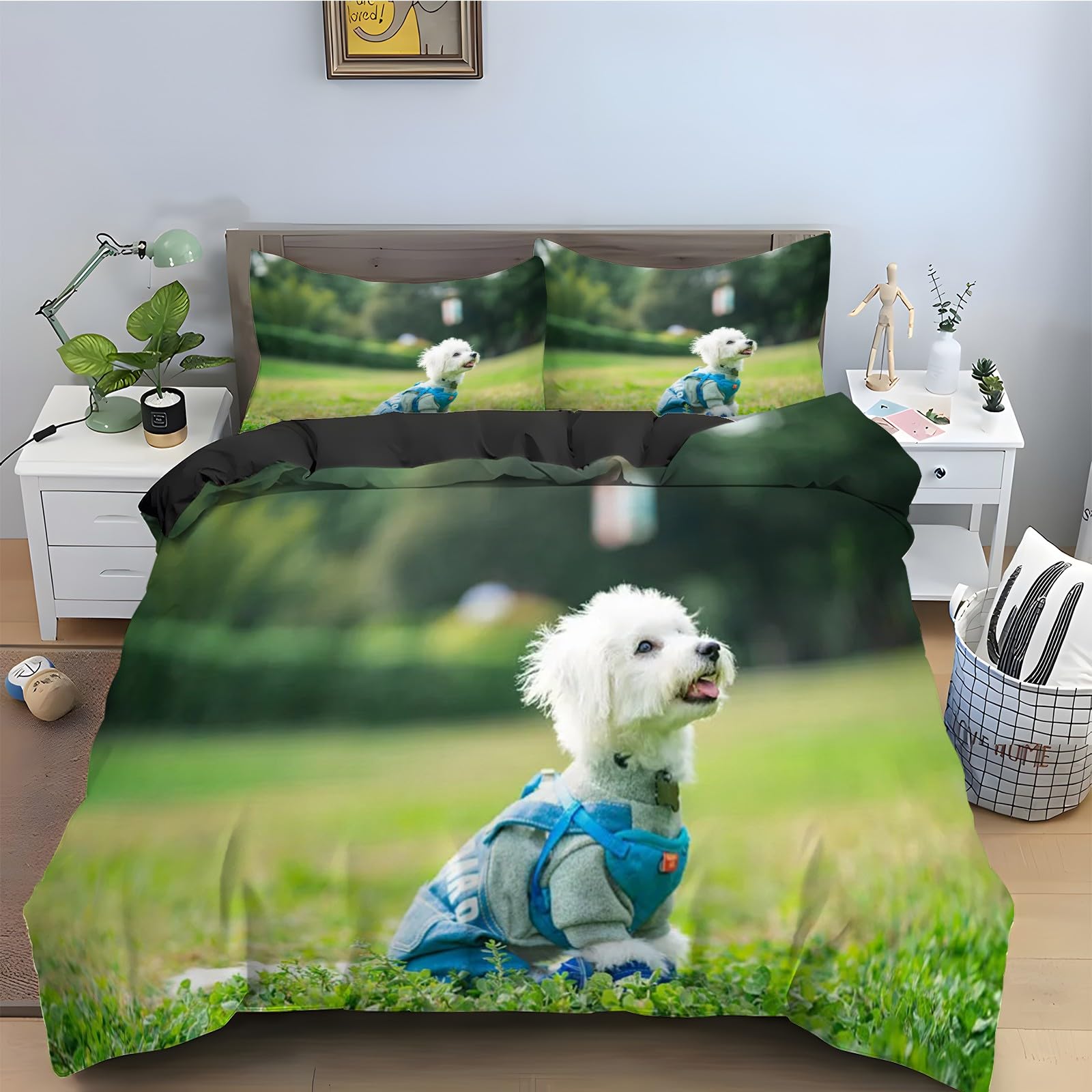 Housse de Couette 200x200 Microfibre Douce avec Fermeture Éclair Invisible Parure Lit Motif Chien
