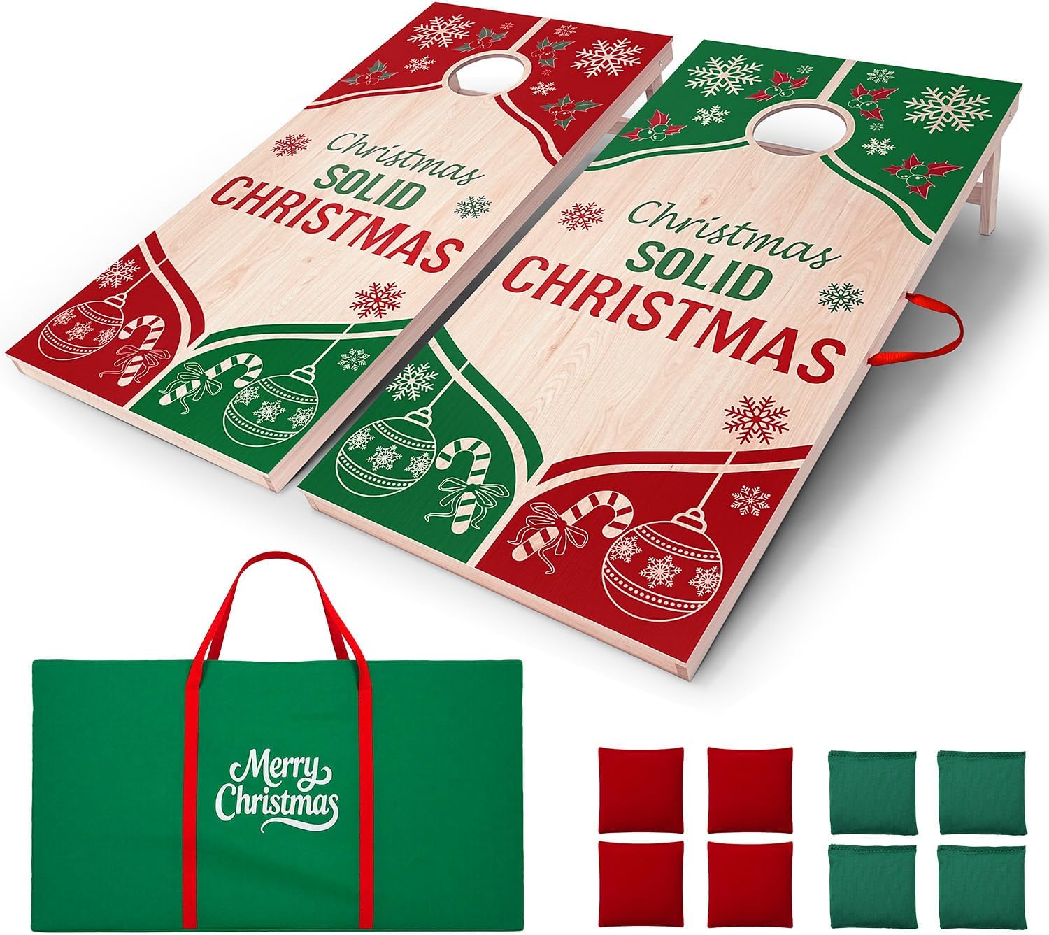 Christmas Cornhole Board Set for Family Games – Regulation Size (4x2ft) Solid Wood, All-Weather Bags & Case. The Ultimate Outdoor/Indoor Corn Hole Games for Holiday Gatherings & Tailgate Fun
