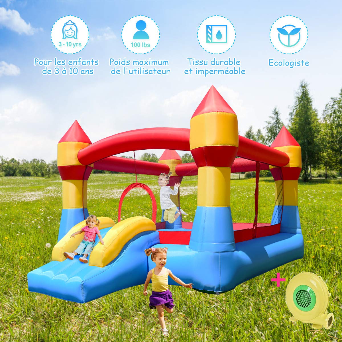 COSTWAY Château Gonflable avec Souffleur 680W pour Enfant 4-12 Ans Toboggan Aquatique Pistolet de l'Eau en Polyester Charge 120KG - Jeux - Jouets