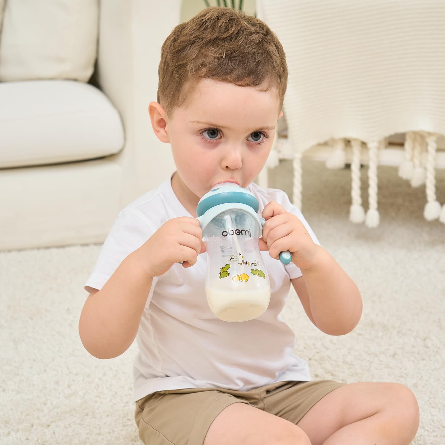 Oberni Biberon 330 ml, cannuccia ponderata, bottiglia per latte per bambini con tettarella variabile (misura +), a partire da 12 mesi, colore: rosa/2 pezzi