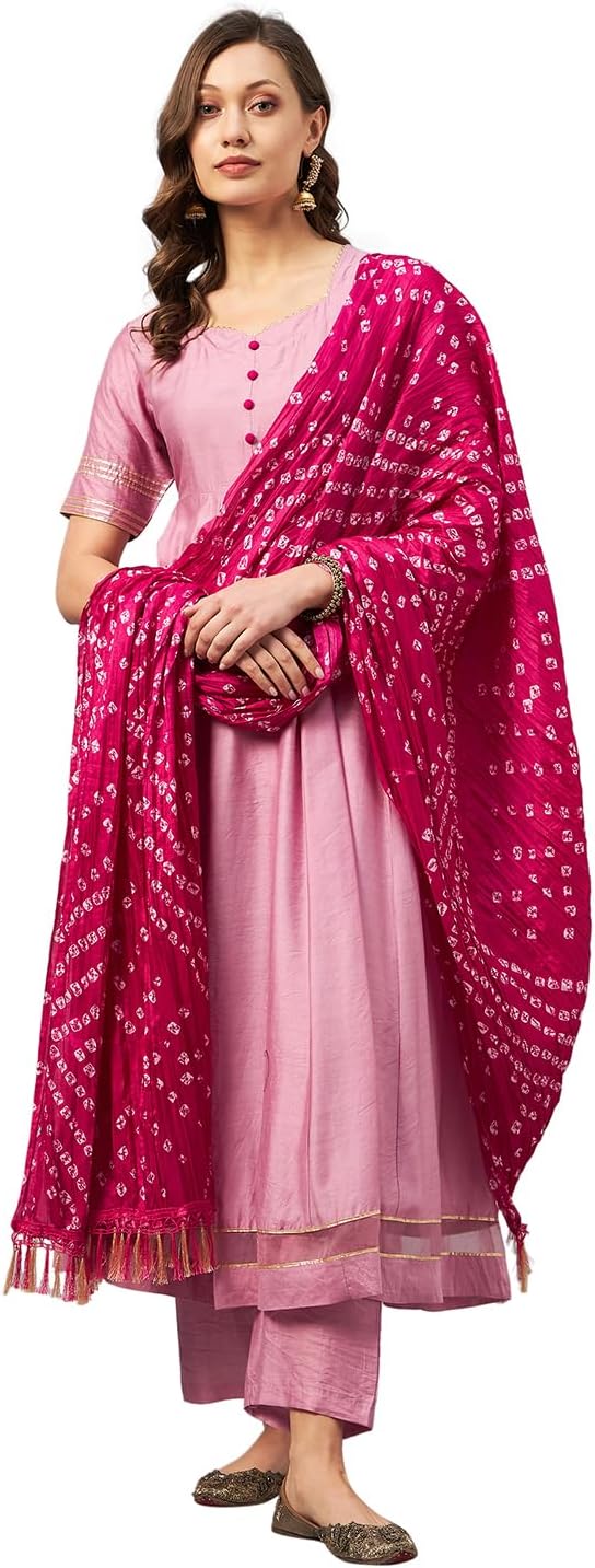 AziraShort Sleeves V-Neck Anarkali Kurta with Trousers & Dupatta Pink