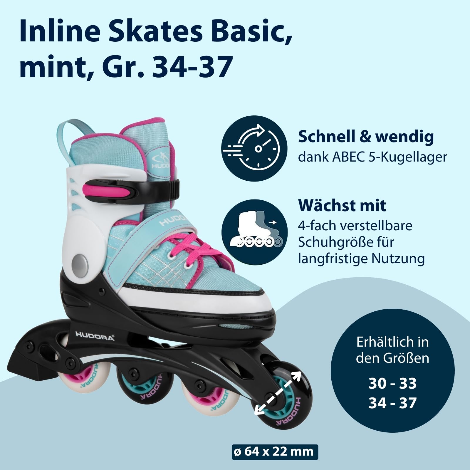 HUDORA Inline Skates Basic in Blue/Mint - Inliner für Kinder & Jugendliche in versch. Größen - Roller Skates bis zu 4 Größen verstellbar - Ideal als hochwertiges Einstiegsmodell
