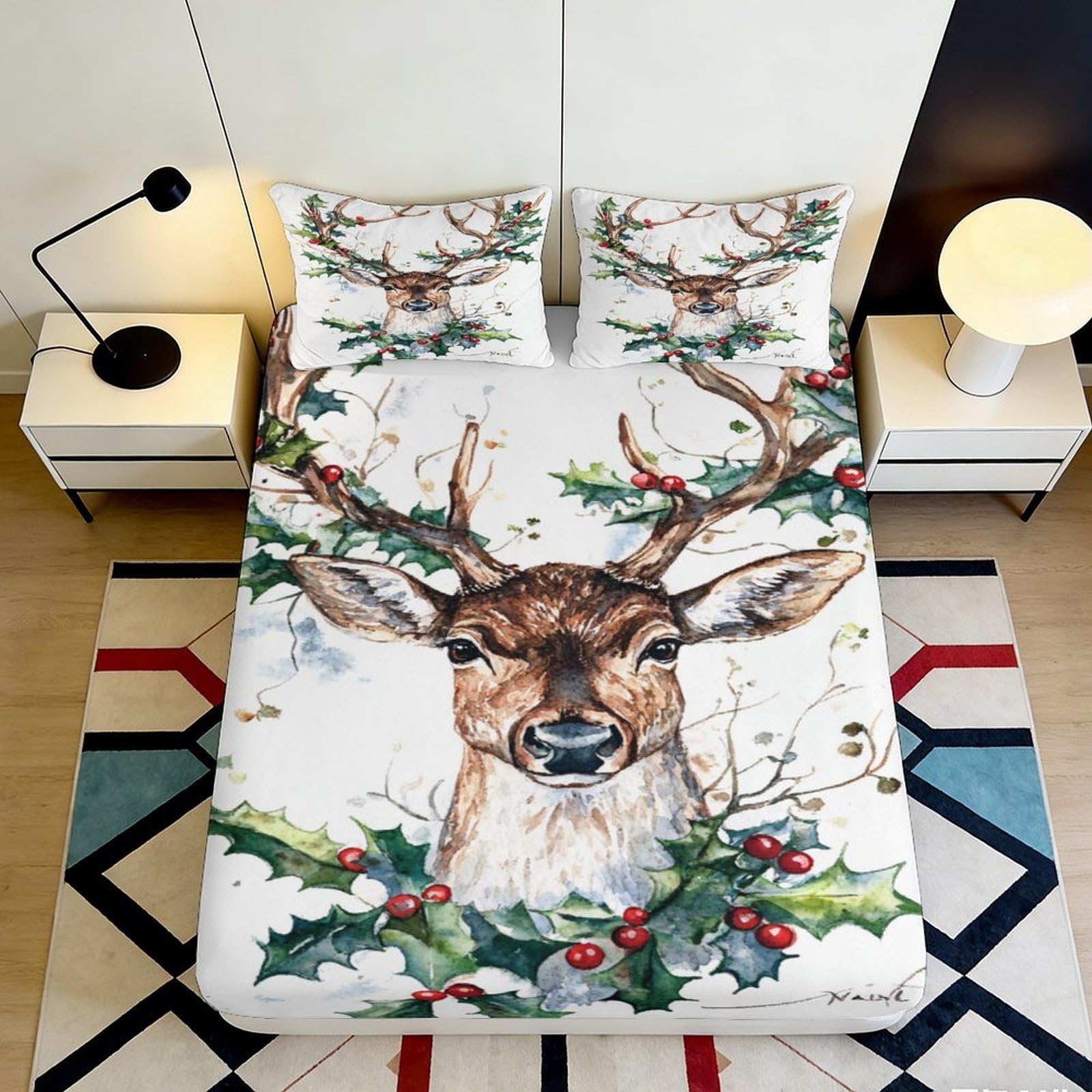 Jqzkxnhpbr Style-7 3D Printed Deer Forest Fitted Sheet Microfiber Soft Breathable Christmas Reindeer Bed Cover For Bedroom Dorm Decor 90X200x25cm