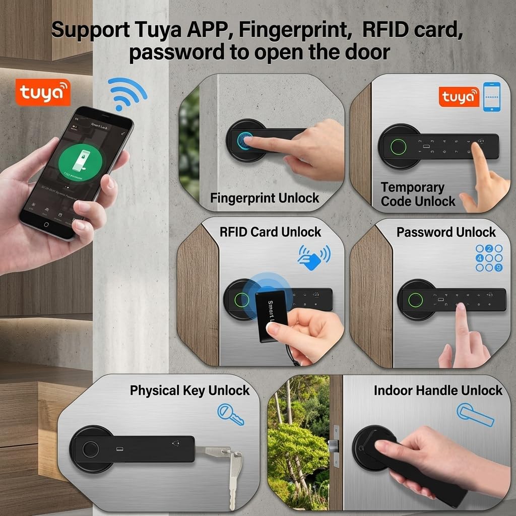 Serrure intelligente à empreintes digitales, 5 modes d'accès : empreinte digitale, code PIN, carte IC, clé mécanique et pilotage par application. Convient aux appartements et bureaux.
