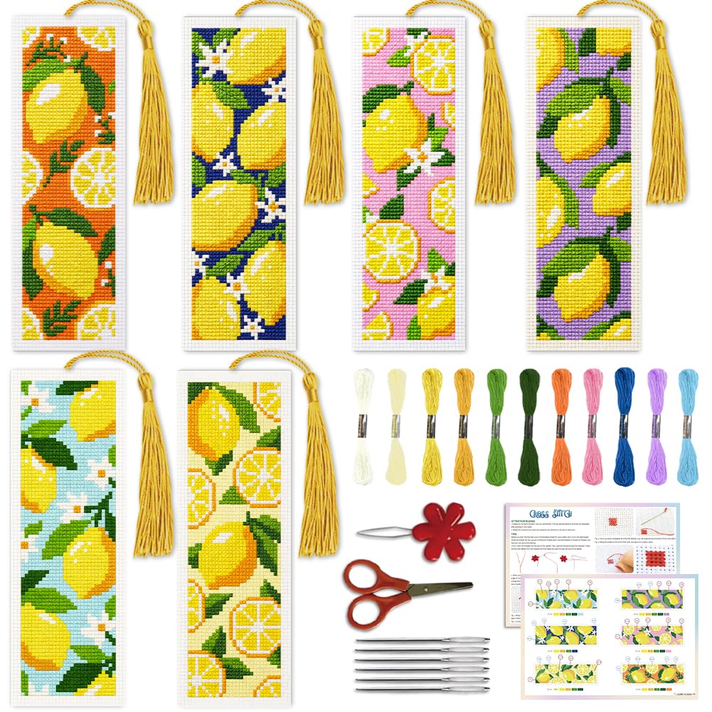 ACRNIGHEET 6PCS Cross Stitch Bookmark Kit for Beginner (Lemon)