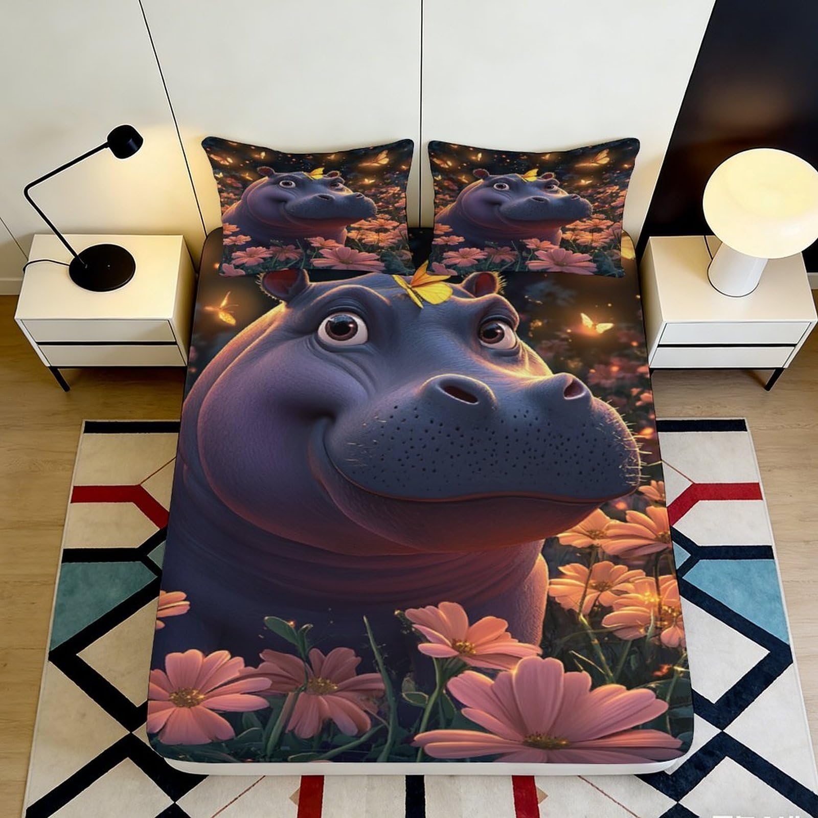 Pnayamiorkfel Style-4 3D Printed Hippo Flower Fitted Sheet Microfiber Soft Breathable Butterfly Bed Sheet For Bedroom Dorm Decor 90X200x25cm