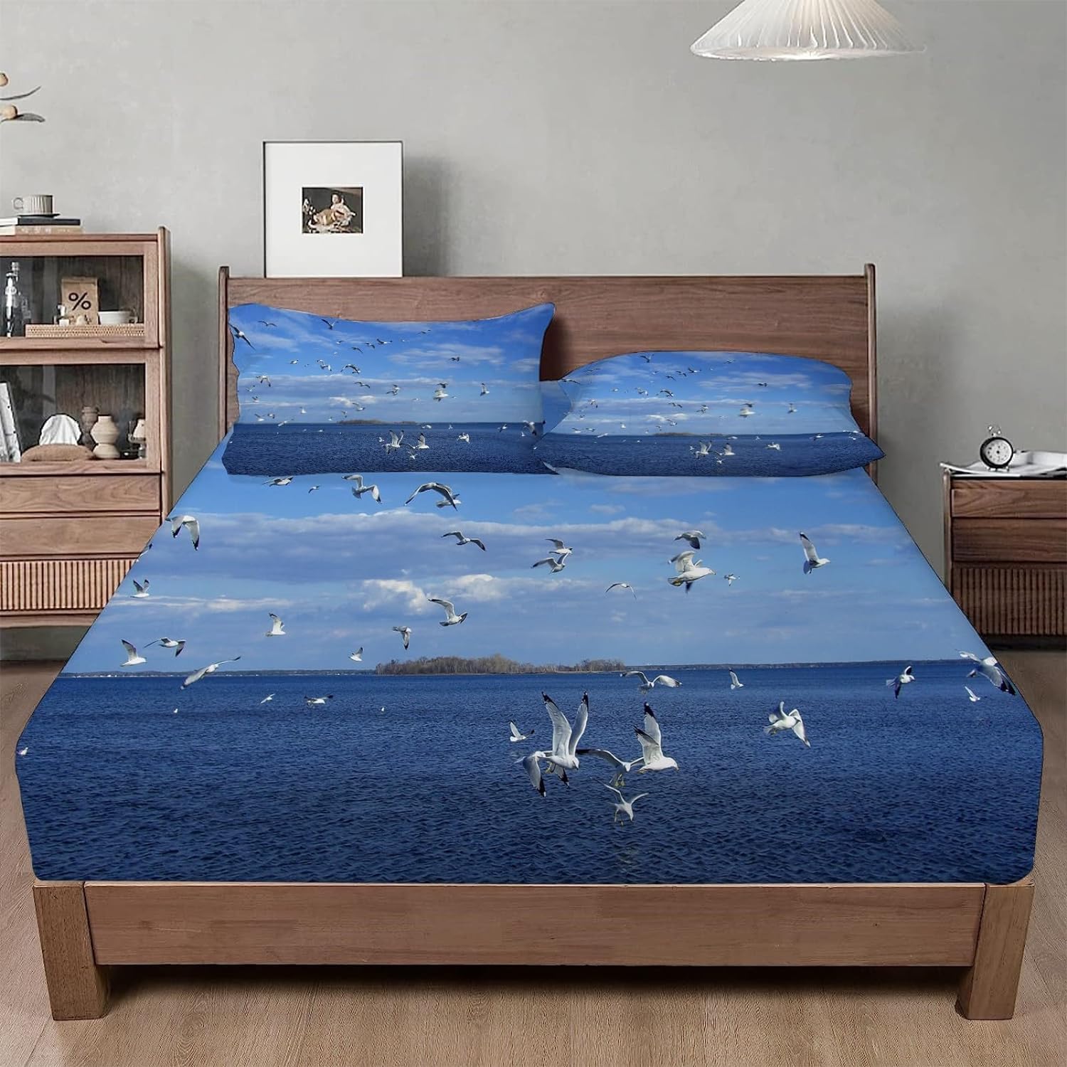 Océan 3D drap-housse 120 x 190 pour lit enfant avec motif mouette et vagues