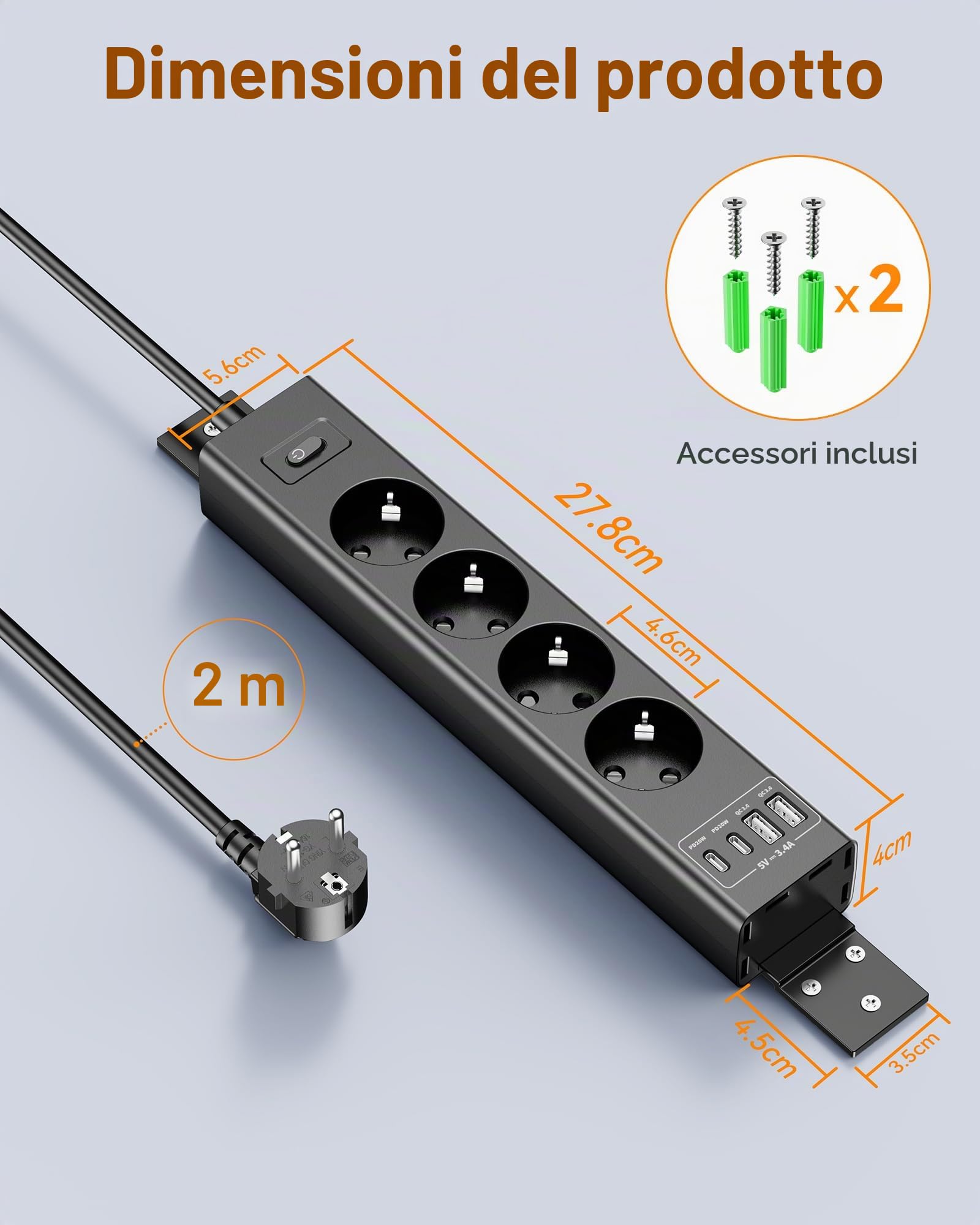 Ciabatta elettrica montabile a 360°, con 4 porte USB (2x USB-C), cavo di prolunga da 2 m e spina piatta, ciabatta a vite per parete, scrivania, angolo e montaggio sotto il tavolo