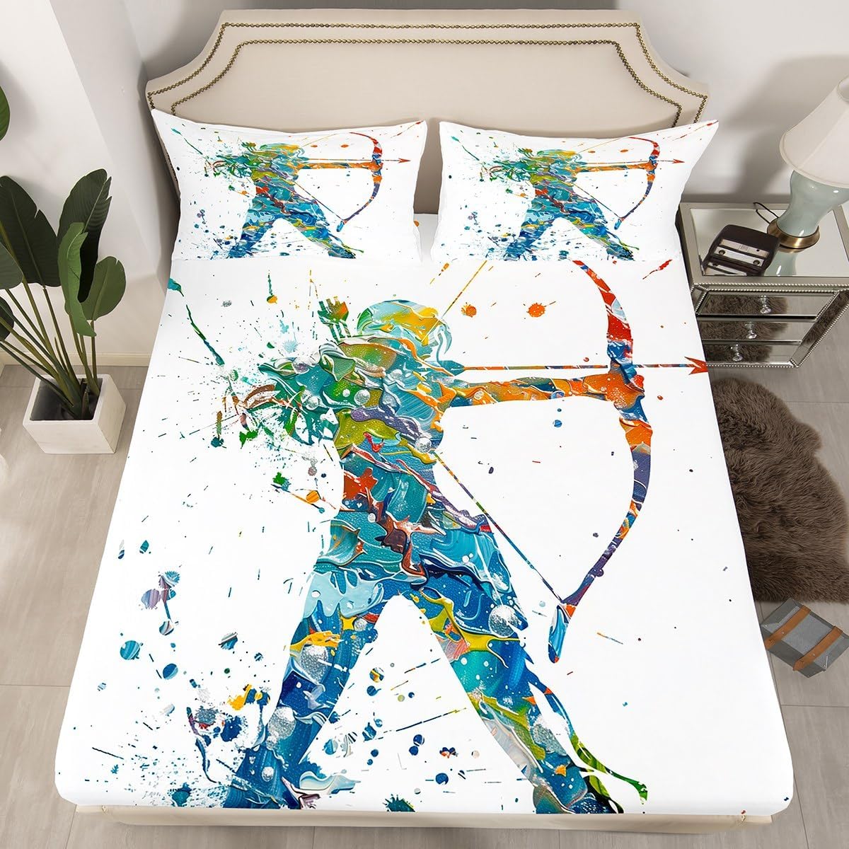 Archery Fitted Sheet Queen Size Sport Event Bedding Set Watercolor Sheet Set,Gaming Bed Cover Ultra Soft Breathable Bedding 3 Pcs for Kids Teens Boys image 2