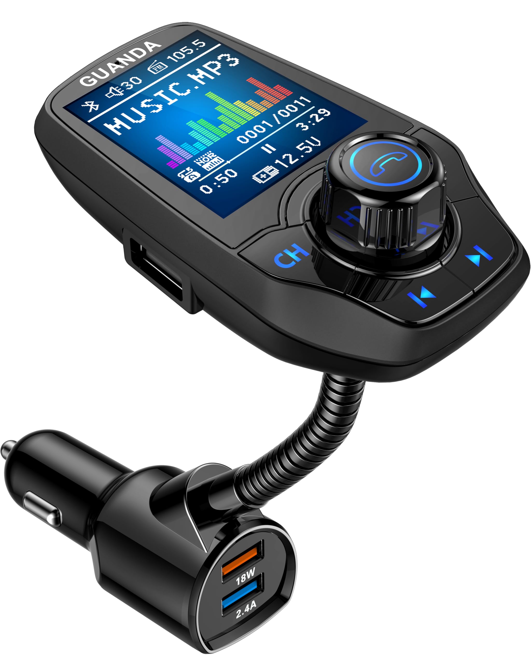 Car Bluetooth FM Transmitter, USB Bluetooth Car Adapter With 1.8" Color Display, Fast Charging 18W Aux Bluetooth Radio Adapter, Hands-Free Phone Kit Cigarette Lighter Wireless Audio Car Music Adapter