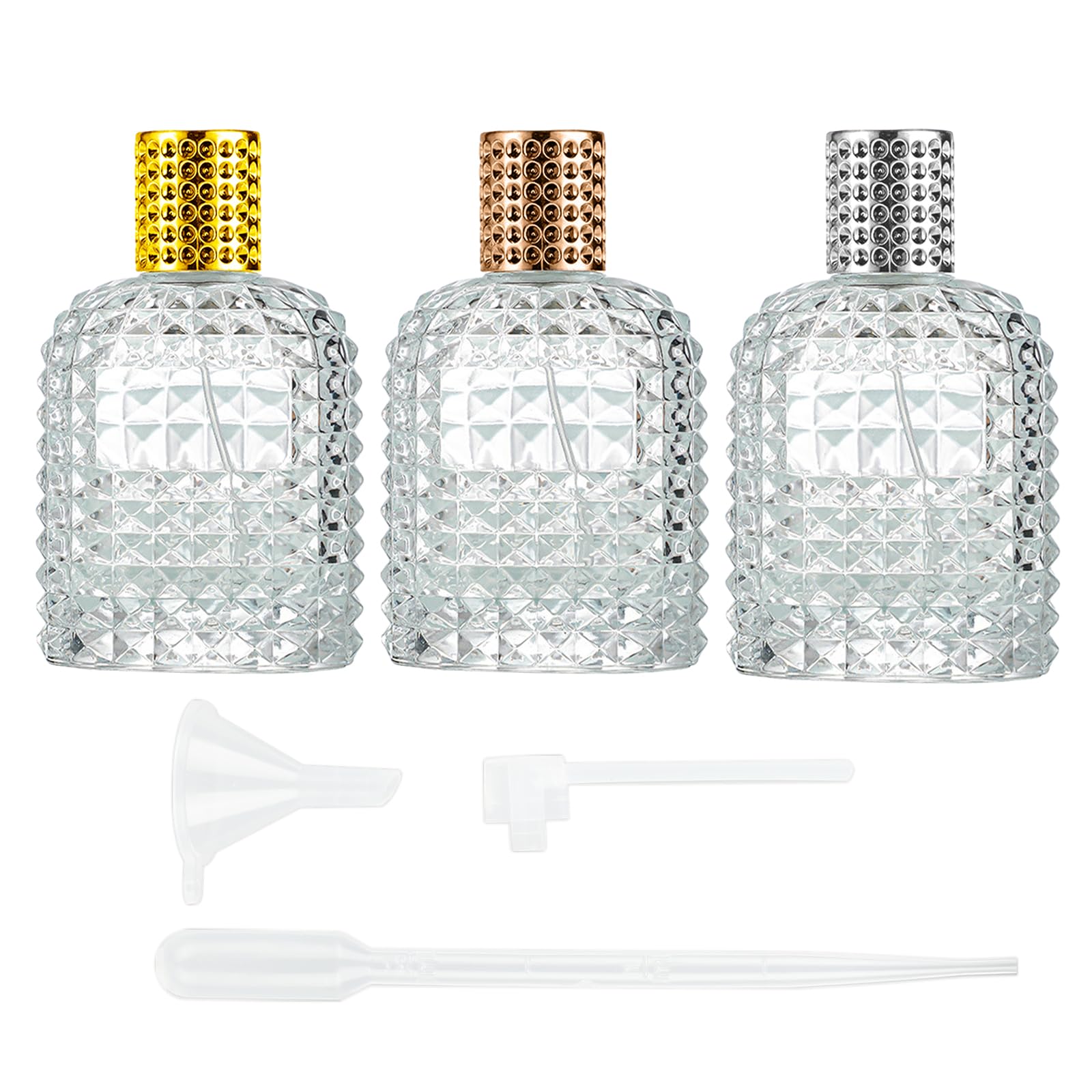Rozpylacz do perfum, przenośna butelka z rozpylaczem z nasadką, 3 sztuki, 50 ml, butelka na perfumy z ananasem, do wielokrotnego napełniania, ze szkła kryształowego, puste szkło z pipetami i lejkiem