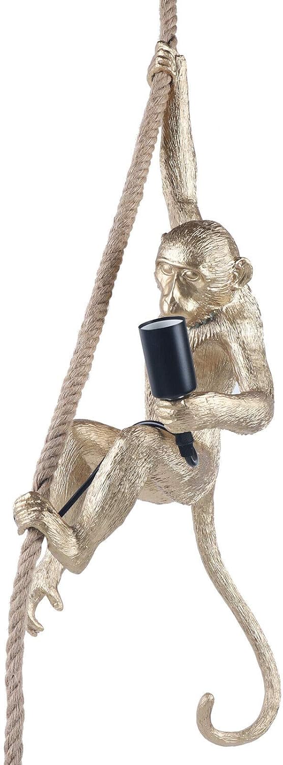 TFCFL Vintage Monkey Pendant Light, Resin Hemp Rope Light Fixture, Ceiling Pendant Lamp E26 for Dining Living Room Bedroom Bar Cafe, Decorative Hanging Monkey Lamp (Gold)