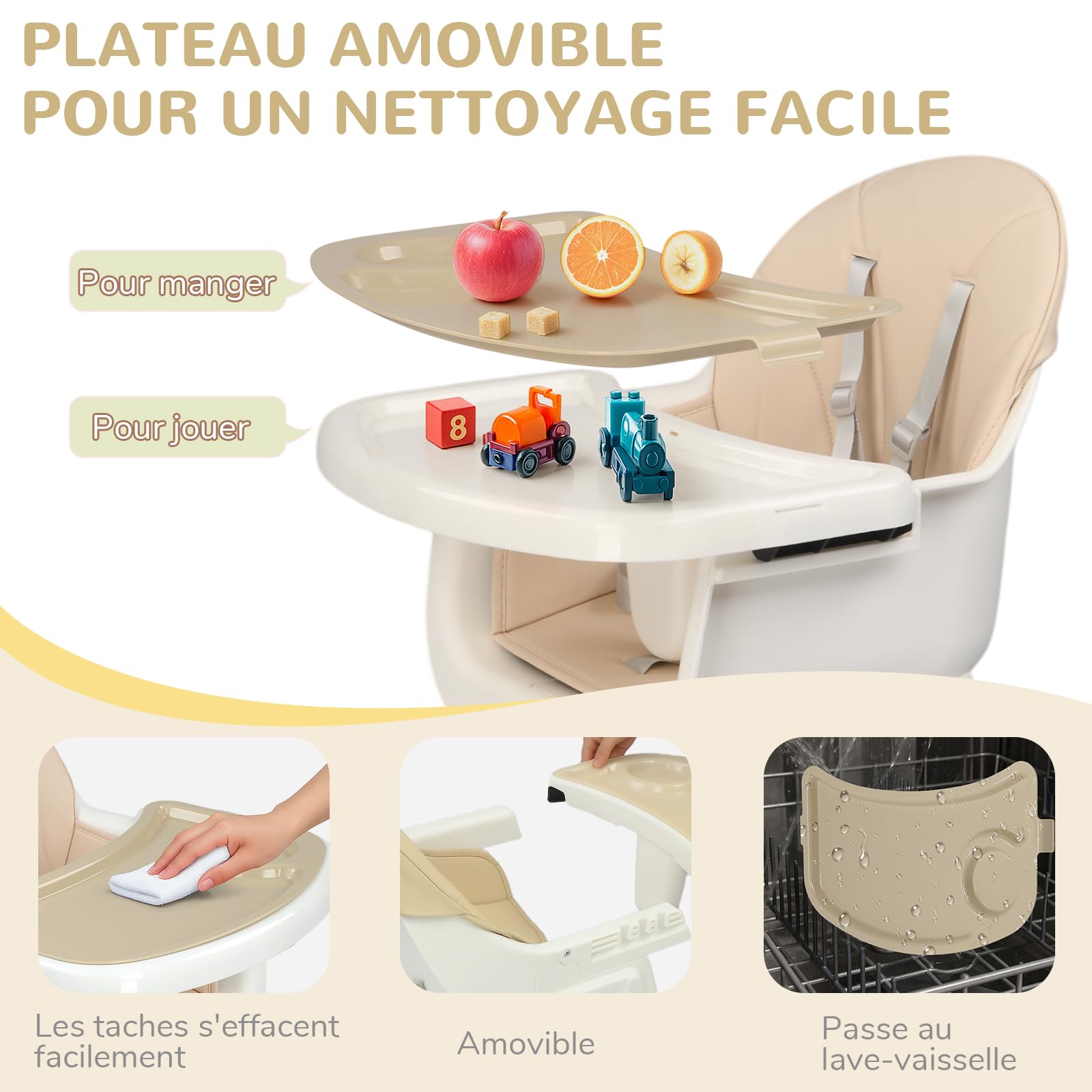 LEADZM 3 en 1 Chaise Haute Bébé, Tabouret bas Variable, Double Plateau Amovible, avec Ceinture de Sécurité à 5 Points, Charge Maximale 15 kg, Convient aux Bébés de 6 à 36 Mois (Beige)