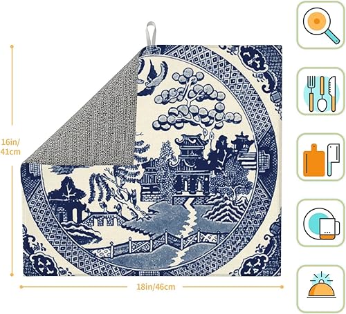 Miniatura 3 de Tapete de secado de platos para encimera de cocina, estilo oriental, de sauce azul chino, microfibra suave, ultra absorbente, tapete escurridor de