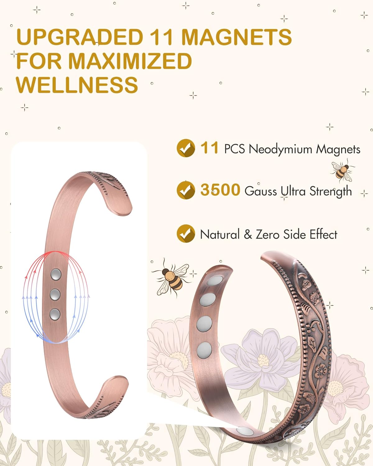 Feraco 11X Magentic Copper Bracelet for Women, 99.99% Pure Copper Cuff Bangles with Magnets, Adjustable Jewelry Gifts (Viking & Blossom) - Image 3