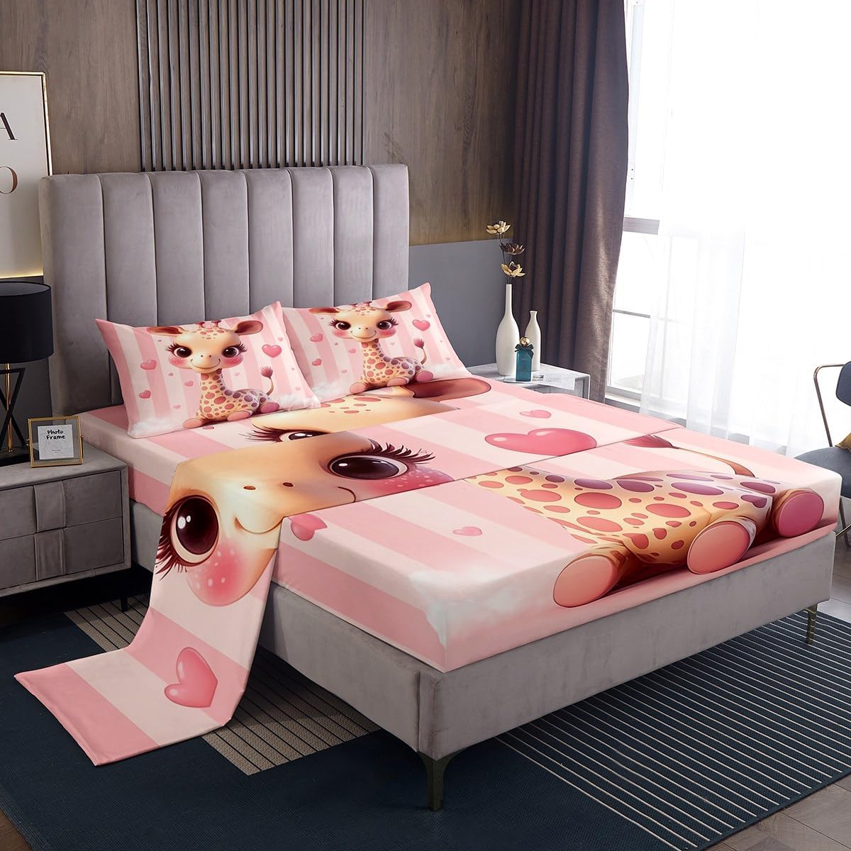 Cartoon Fox Fitted Sheet Set Full Size 4 Pcs,Cute Animal Teens Sheets,Pink Bowknot Geometric Stripes Bedding Sets (1 Fitted,1 Flat,2 Pillowcases) Luxury Deep Pocket Bed Sheets