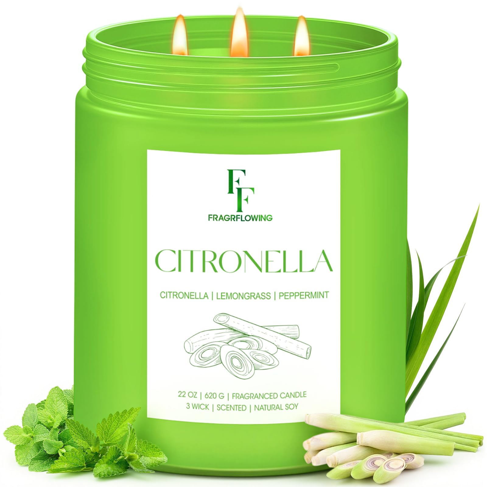 Citronella Large Scented Candle Outdoor Indoor, 3-Wick 22oz Long Lasting Scented Candle, Natural Soy Wax Aromatherapy Candle for Backyard Patio Garden Camping