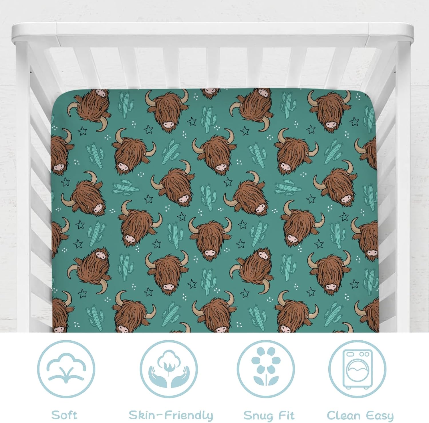 Highland Cows Green Cactus Baby Crib Sheet 52''x28'' Highland Yak Stars Stretchy Fitted Crib Mattress Cover for Boy Girl Animal Wild Plants Soft Baby Sheets for Standard Crib and Toddler Mattress
