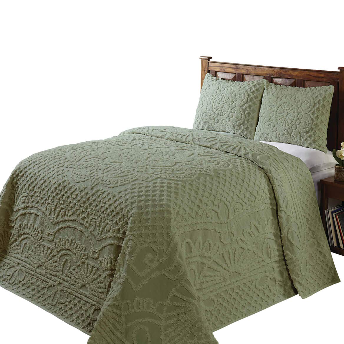 Better Trends 100% Cotton Chenille, Coverlet Bedspread Full Size 96" x 110", Sage Soft Lightweight All Season Bedspreads Medallion Bedding Set, 2 Standard Sham,