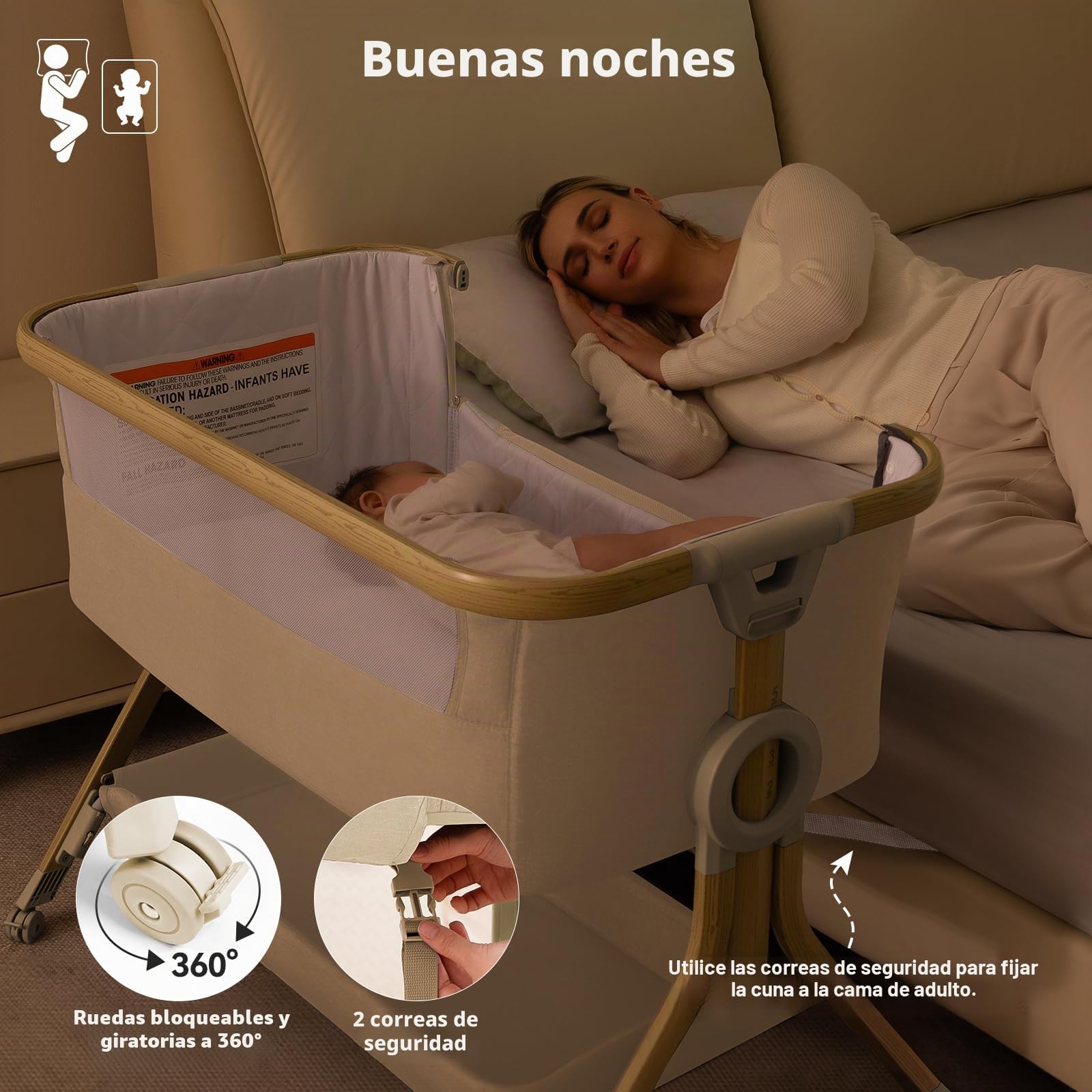 Larex Cuna Colecho para Bebé bassinet para recién nacido y bebé con mosquitera, bolsa y cesta de almacenamiento, 5 alturas ajustables,4 Ruedas con Freno, colchón transpirable y paredes de malla(Caqui)