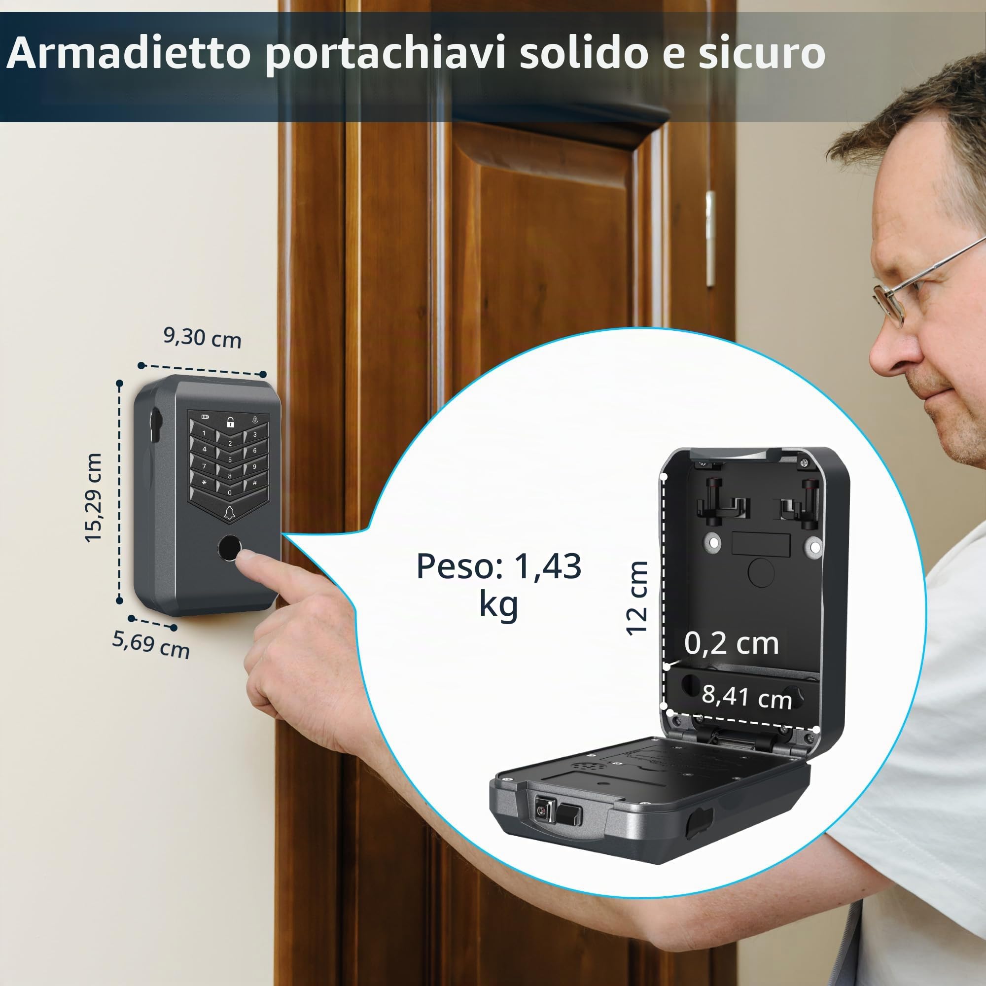 Cassaforte per chiavi da parete, con collegamento di 5 m al campanello esterno, organizer per chiavi di casa, ufficio e casa, con tastiera di sicurezza, accesso alle impronte digitali e app