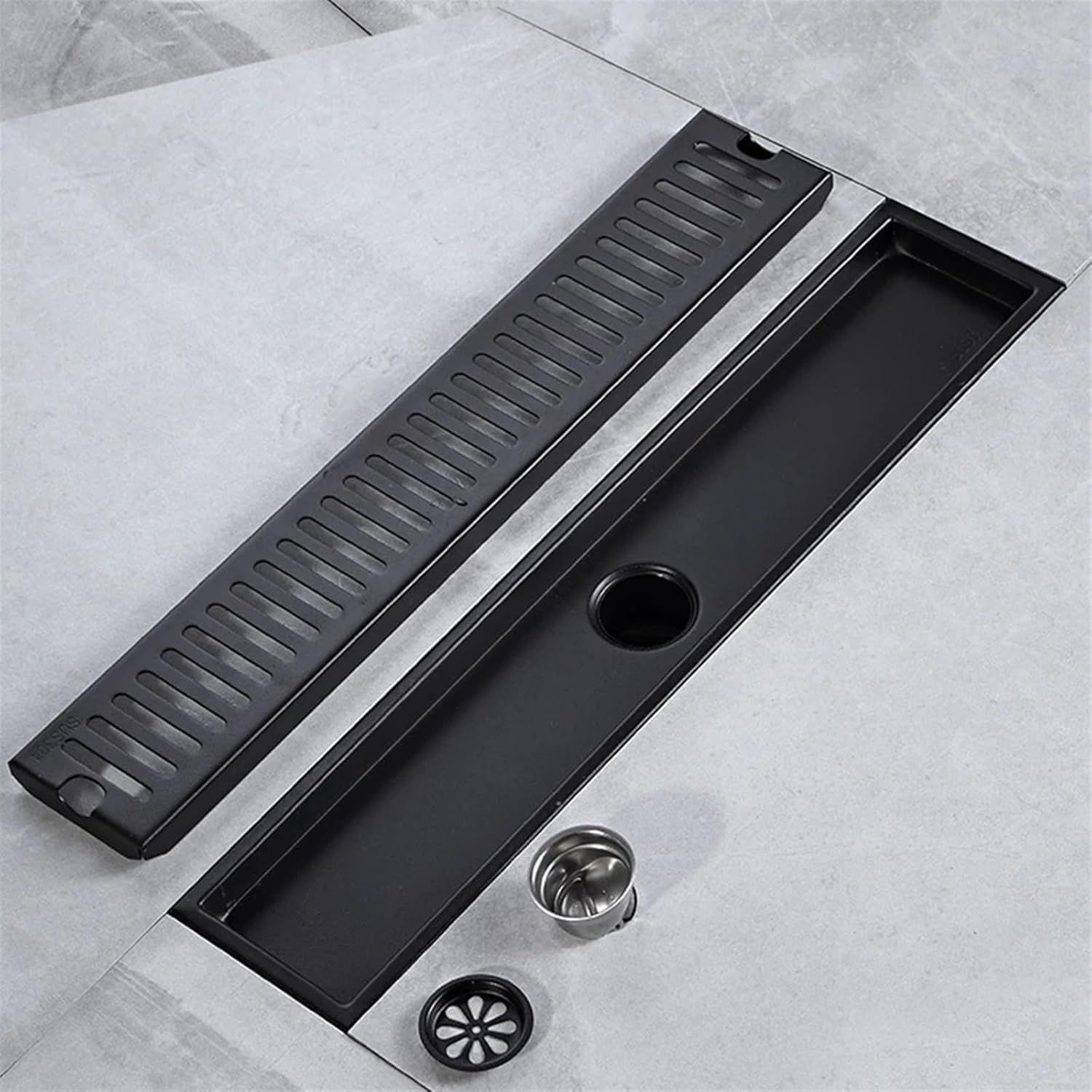 Black 20-100cm Side/mid Outlet Shower Drain Stainless Steel Bathroom Floor Drainage Linear Waste Filter Accessories 1Pcs(40x10cm Mid)