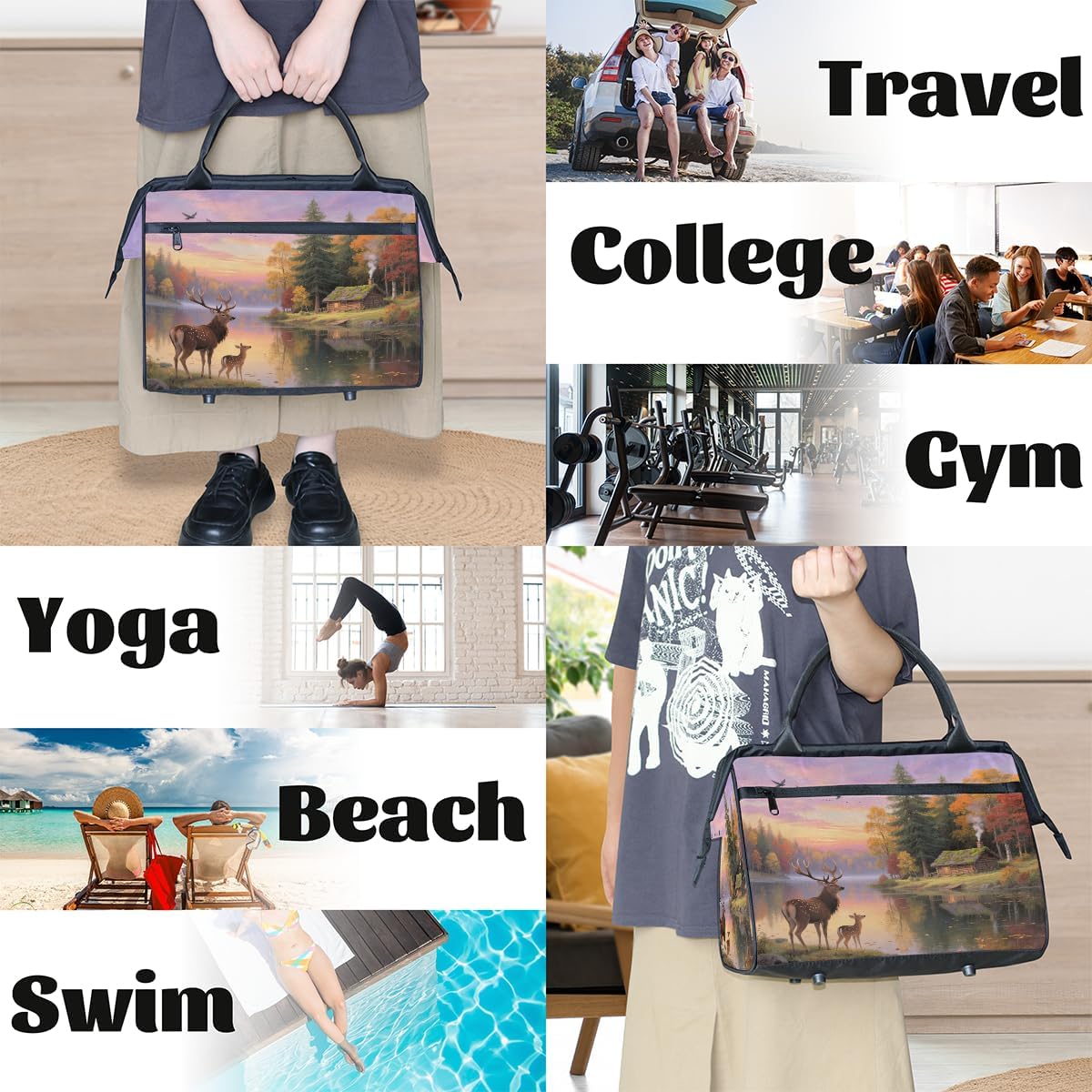 Travel Gym Bag - Lake Deer Art Large Capacity Tote for Men Women - Shoulder Weekender Bag for Travel Yoga School - Mommy Hospital for Labor Delivery
