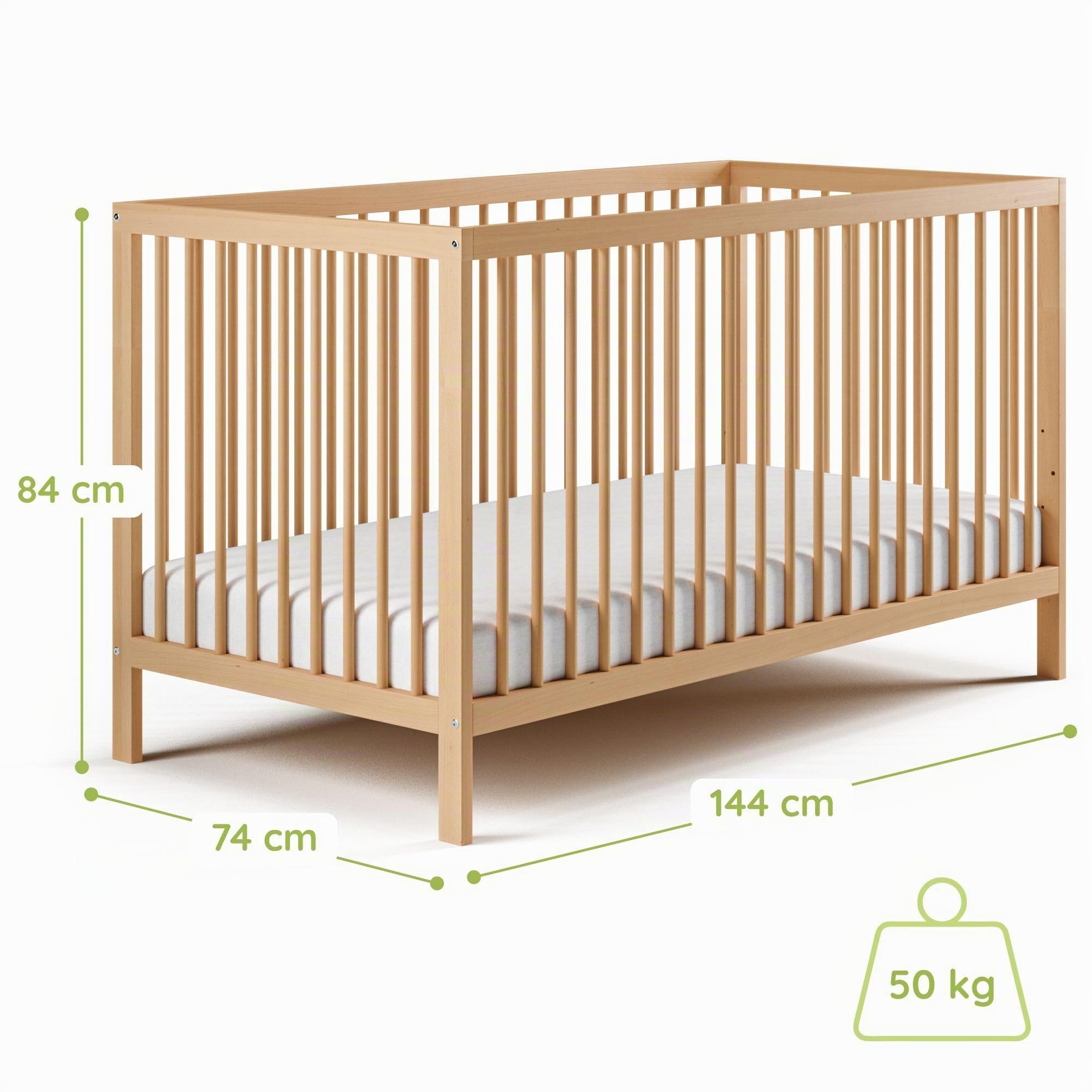 Kids Collective Letto per Bambini in legno di faggio naturale 60x120 cm e 70x140 cm | Rete regolabile in altezza, sbarre removibili | Dalla nascita fino a 3 anni | Prodotto in UE | naturale