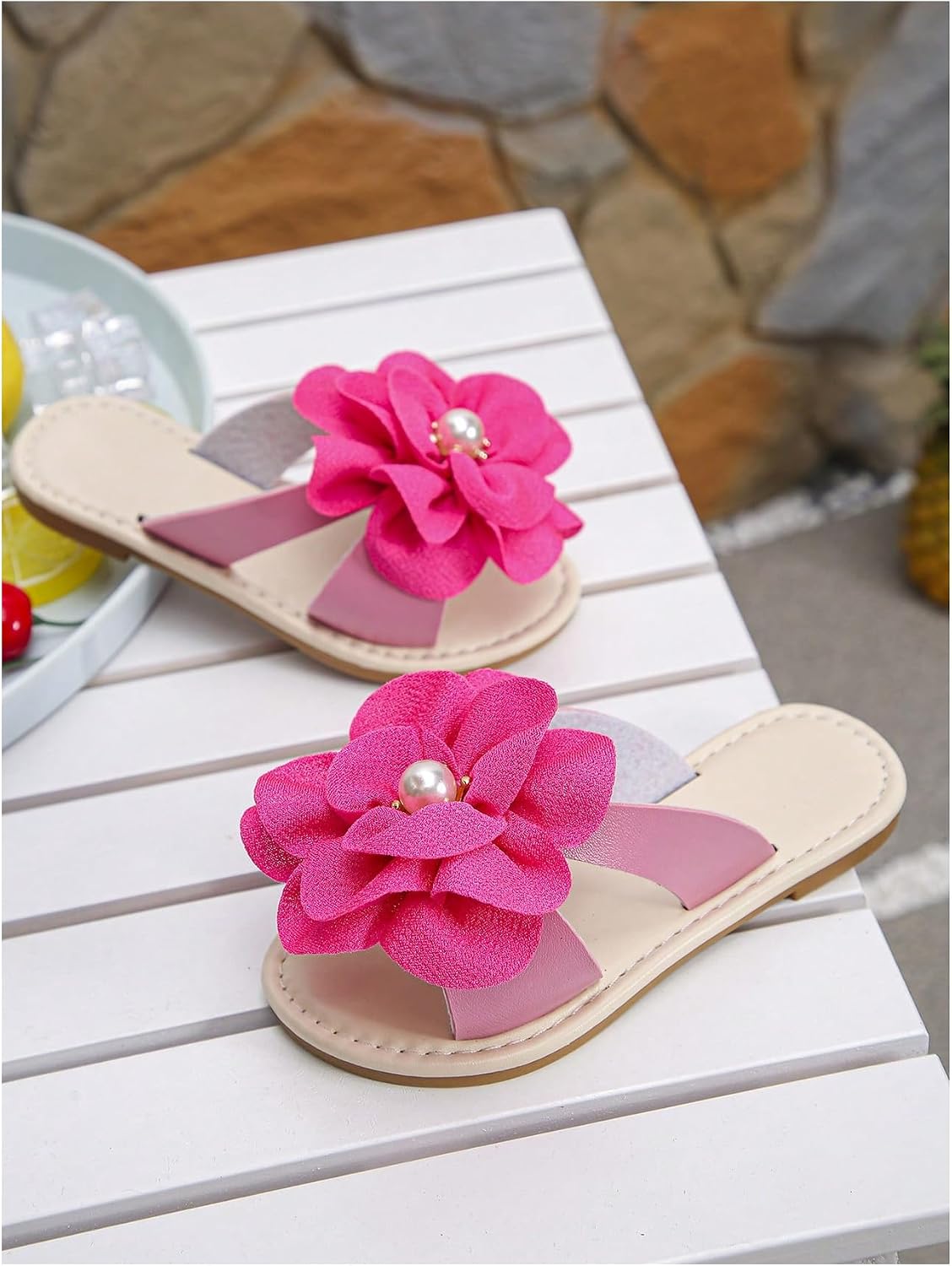 GORGLITTER Girl's Flower Pearl Metallic Sandals Dressy Cute Summer Square Open Toe Flat Sandals Slides