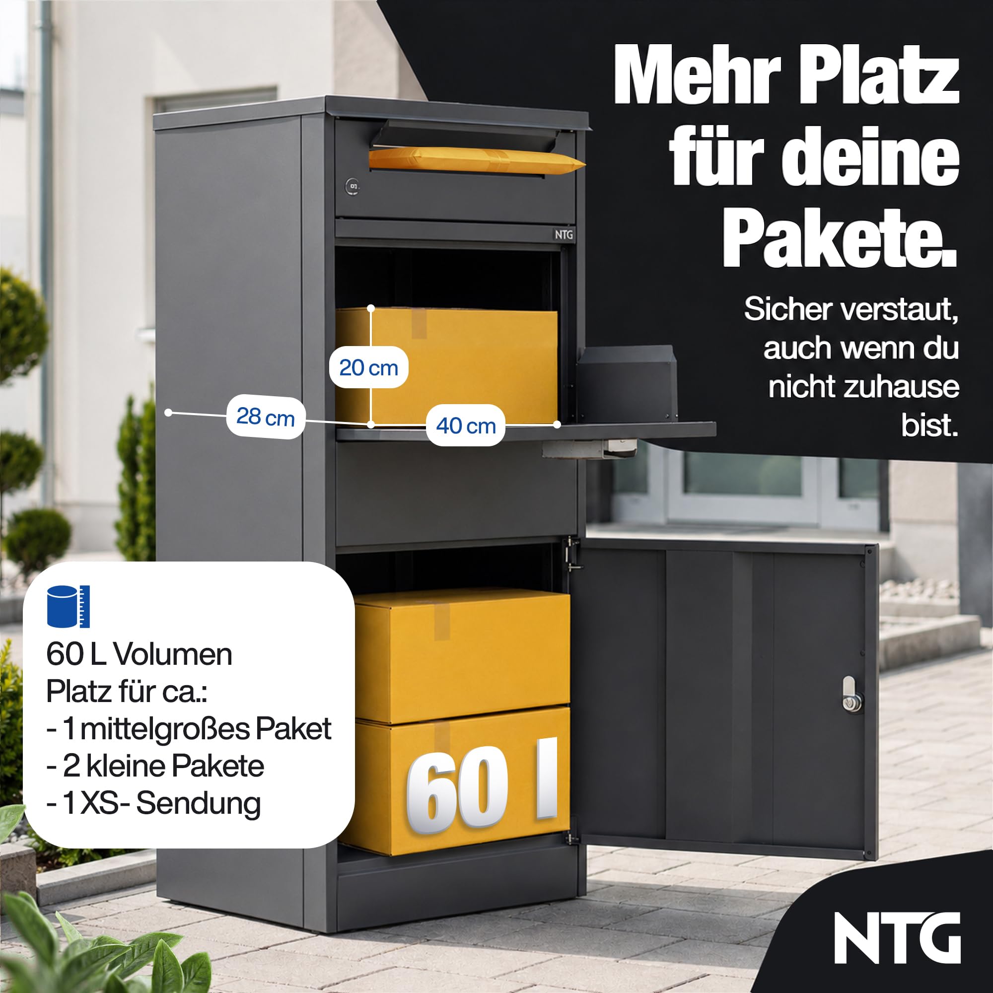 NTG Paketbox Draussen groß XXL – Wetterfest & Abschließbar – Paketbriefkasten XXL aus verzinktem Stahl – Standbriefkasten freistehend – Pakete bis 400x280x200mm – Inkl. 4 Schlüssel & Bodenmontage