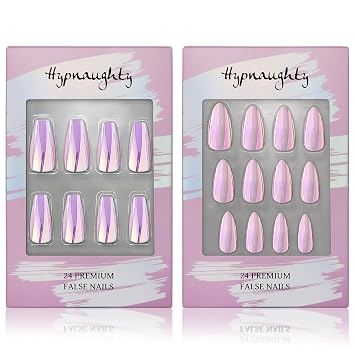 Hypnaughty Press On Nails - Party Star Coffin & Light Pink Almond Chrome, Trendy & Salon Quality Reusable Nails With Kit