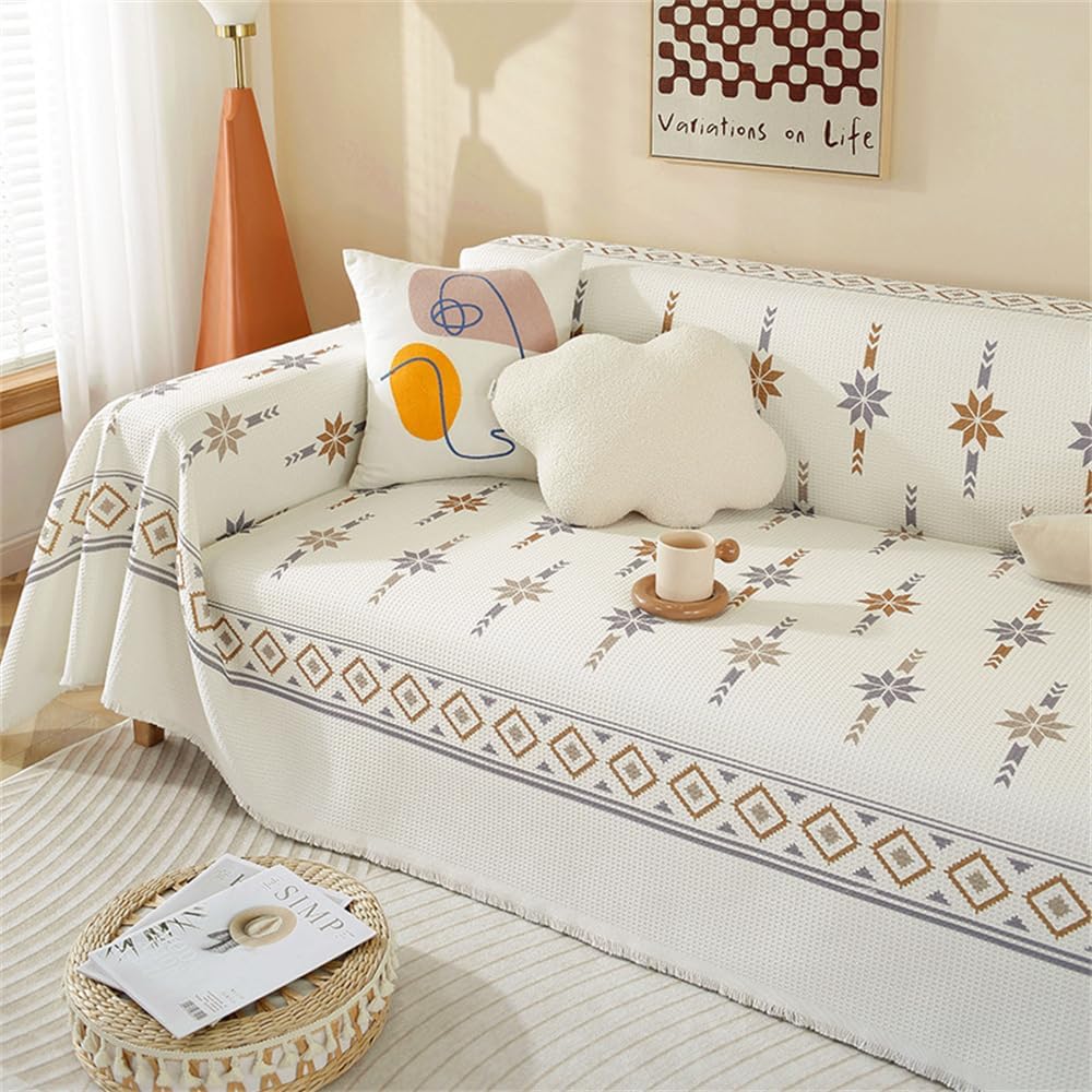 FANSU Throw for Sofa Large 1/2/3/4 Seater, Soft Beige Bohemia Throw Blanket Sofa Reversible Versatile Throw Decorative Blanket for Chair Settees Couch Sofa Bed (White,3 Seat(180x300cm)