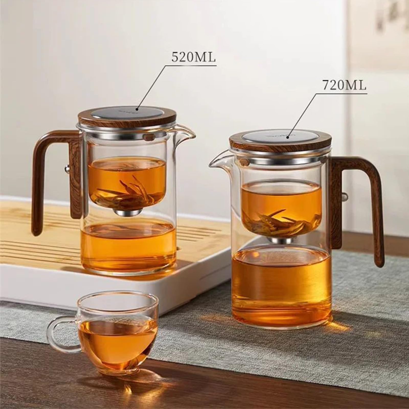 Théière magique Enchantipot, théière Enchanti Pot, avec manche en bois, théière magique, théière de sorcellerie, théière en verre à séparation d'eau avec passoire(520-Transparent)