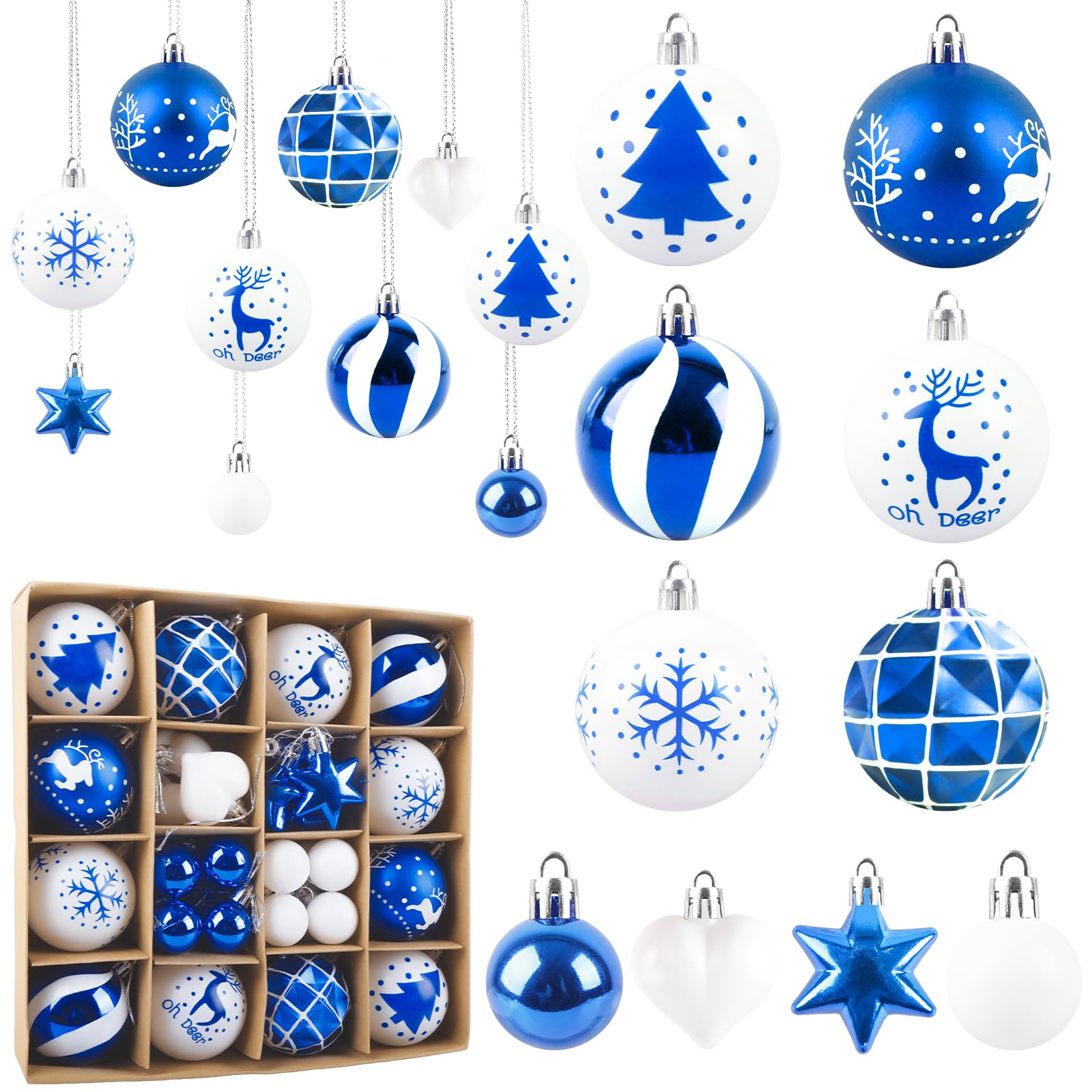 Aitsite 38 Pezzi Palline di Natale Blu e Bianco, 6CM /3CM Palline Albero di Natale Decorazioni Natalizie per Albero, Palle di Natale in Plastica, Infrangibile Appendere Addobbi Natalizi