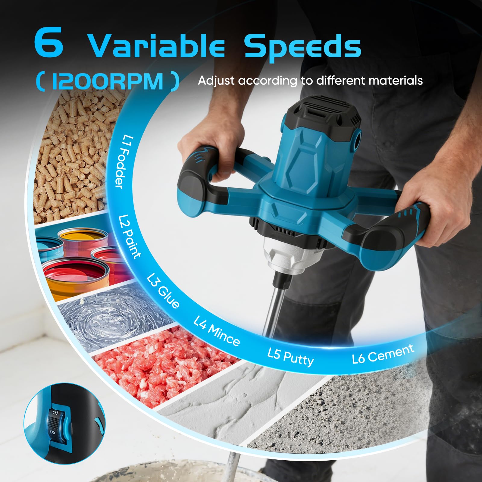 Miscelatore elettrico 2400 W, miscelatore manuale a 6 velocità regolabili, agitatore elettrico per cemento, intonaco, malta, vernice e colla