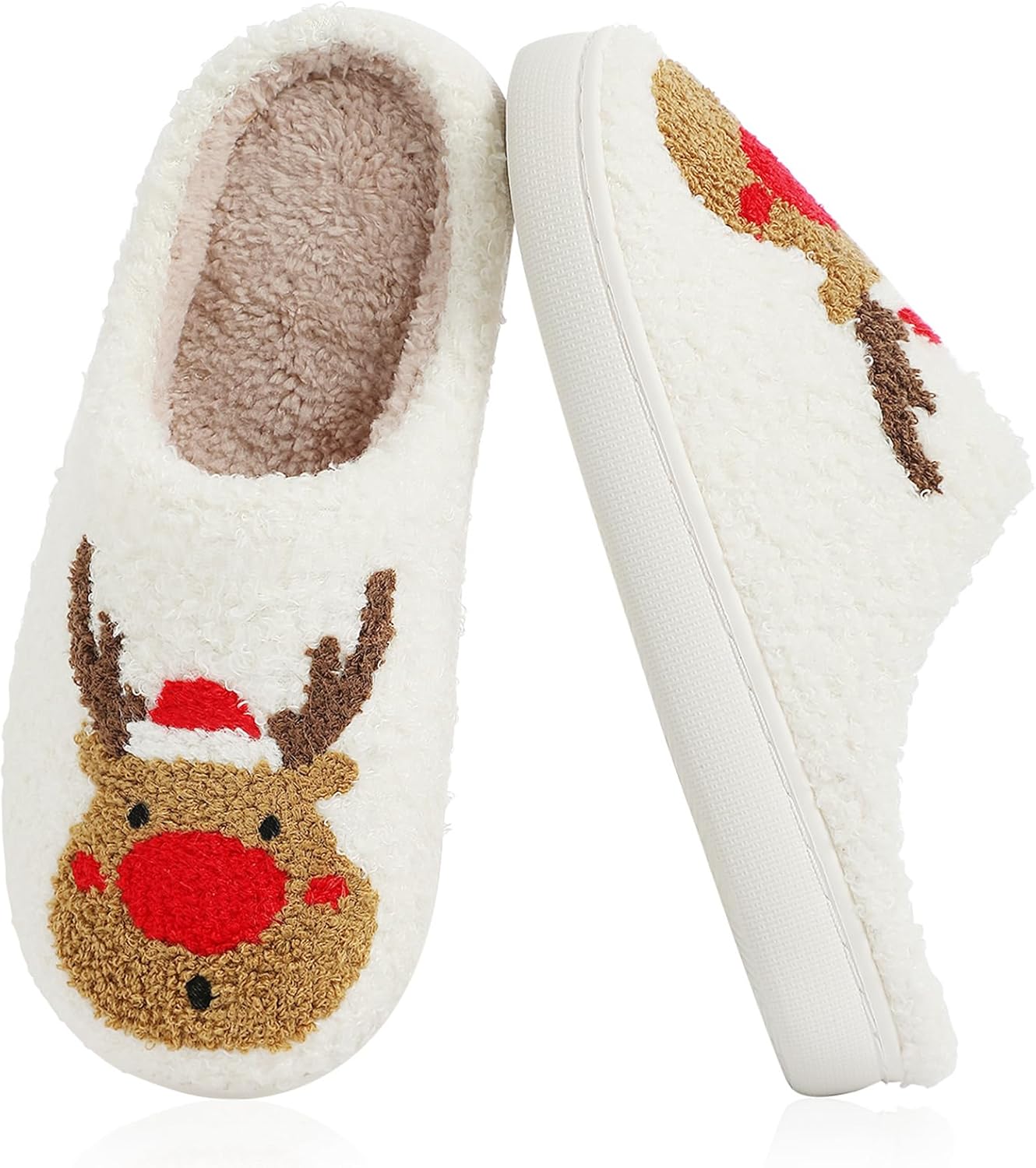 Menore Christmas Reindeer Slippers for Womens Mens Plush Warm Santa Claus Slippers Fuzzy House Slippers Christmas Gifts For Girls Women Girlfriend