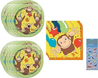 Unique Curious George Party Supplies Bundle Pack for 16 includes 16 Dessert Cake Paper Plates,16 Dessert Cake Napkins, 1 Dinosaur Sticker Sheet