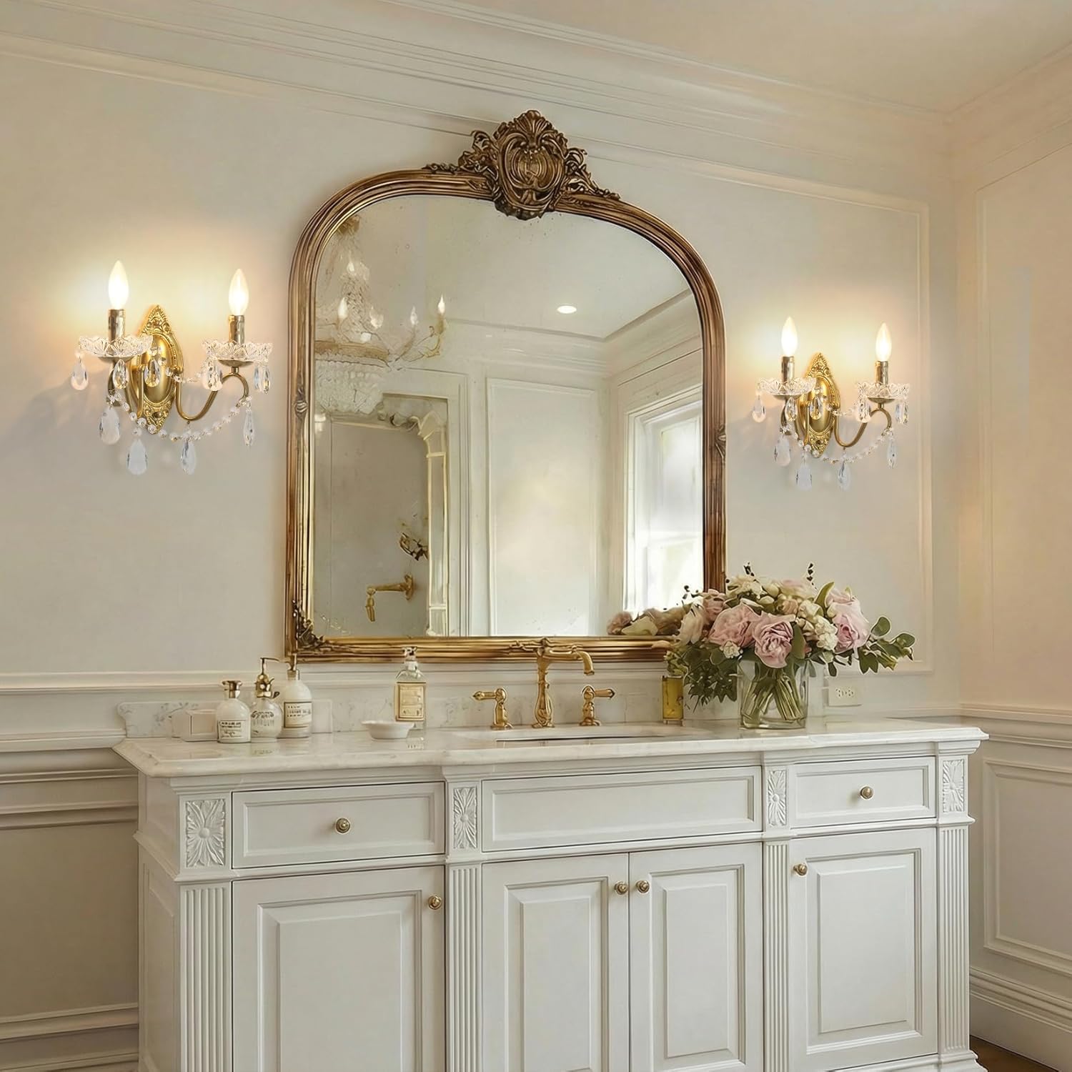 Gold Sconces Wall Decor Set of 2, Modern Vintage Hardwired Wall Mounted Light Fixtures with Iron Frame & K9 Crystal,for Bedroom Bathroom Living Room Hallway Stairway