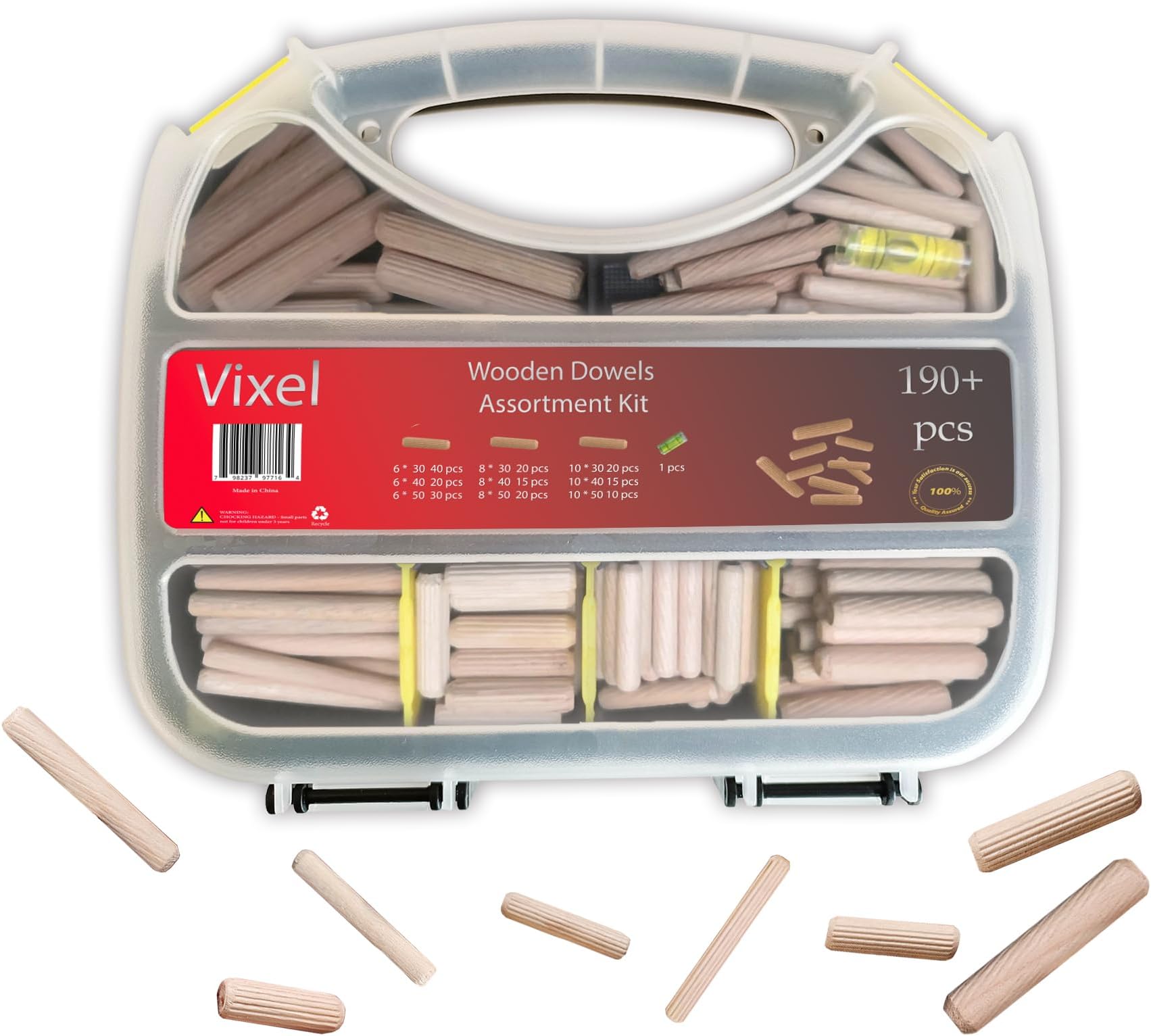 VIXEL 190+ pcs Assorted Wooden Dowels Box M6 M8 M10 For Furniture Woodwork Repairs DIY Craft and Home Improvement Including Grooved Plugs Fluted Pin Wooden Dowels and Level Gauge