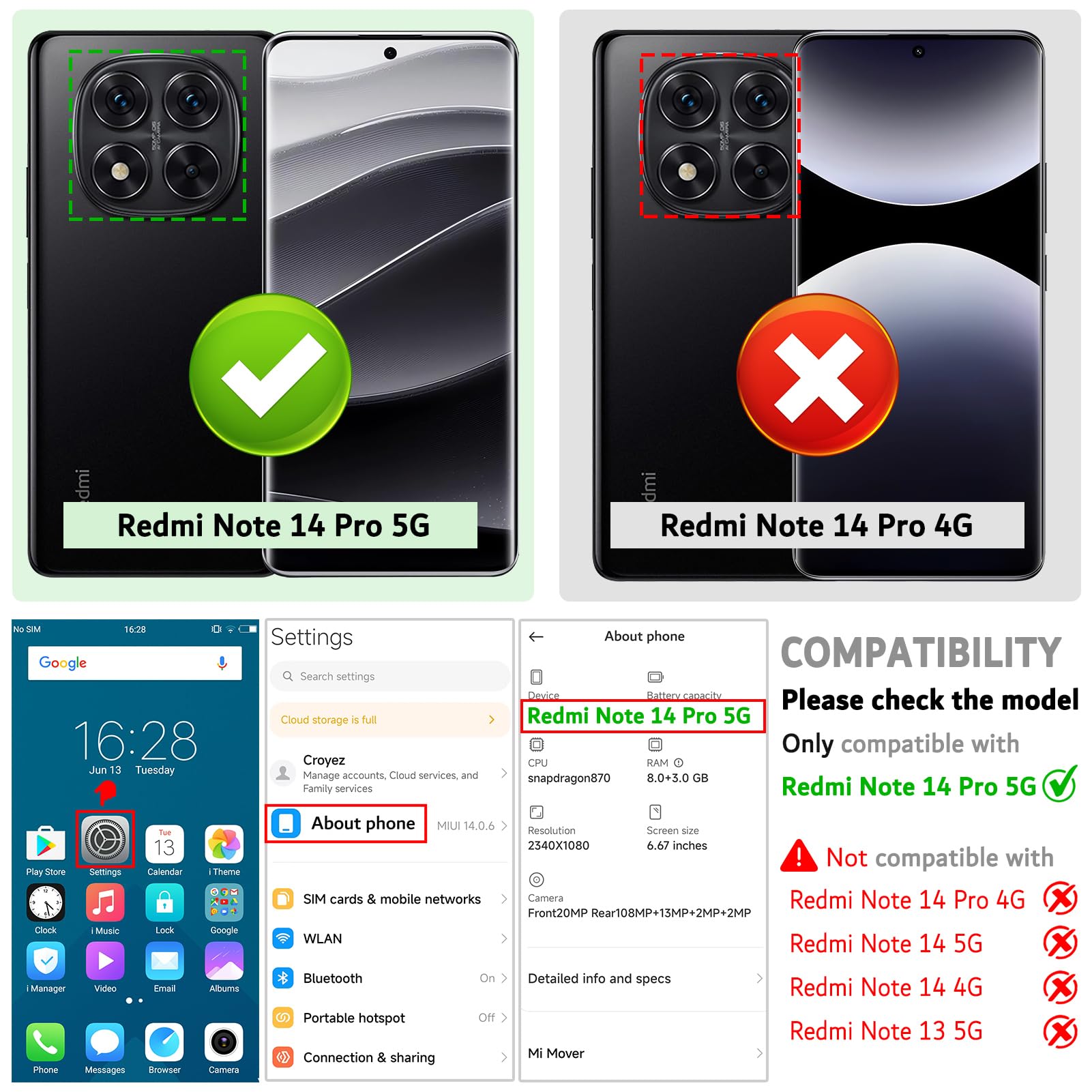 Ganbary Etui kompatybilne z Xiaomi Redmi Note 14 Pro 5G (nie dla 4G), wysokiej jakości etui z klapką ze skóry PU [pełna ochrona] [przegródki na karty] [podpórka], czarne