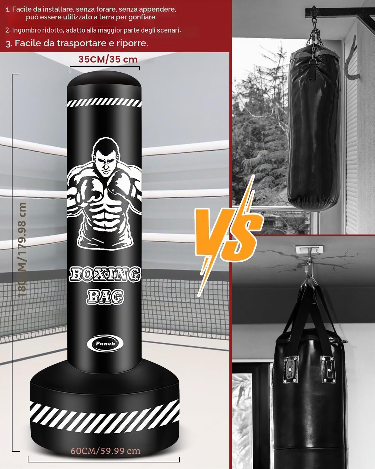 Sacco da boxe per adulti, 180 cm, autoportante, gonfiabile, pesante, con supporto, per MMA, Muay Thai, fitness, attrezzature da allenamento per uomini e donne