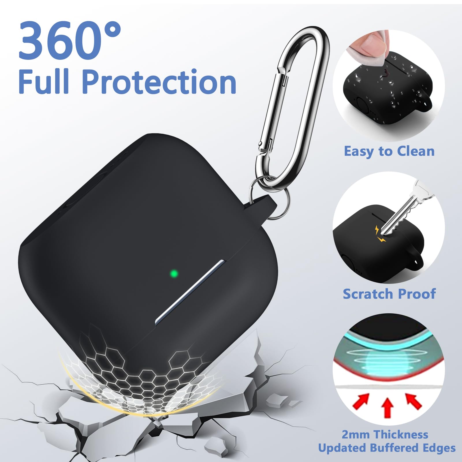 Maledan Cover Compatibile con AirPods 4 2024 Custodia, Case Protettiva Antiurto in Silicone Morbido per Apple AirPods 4 Generazione Custodia con Kit di Pulizia e Moschettone [LED visibile],Nero