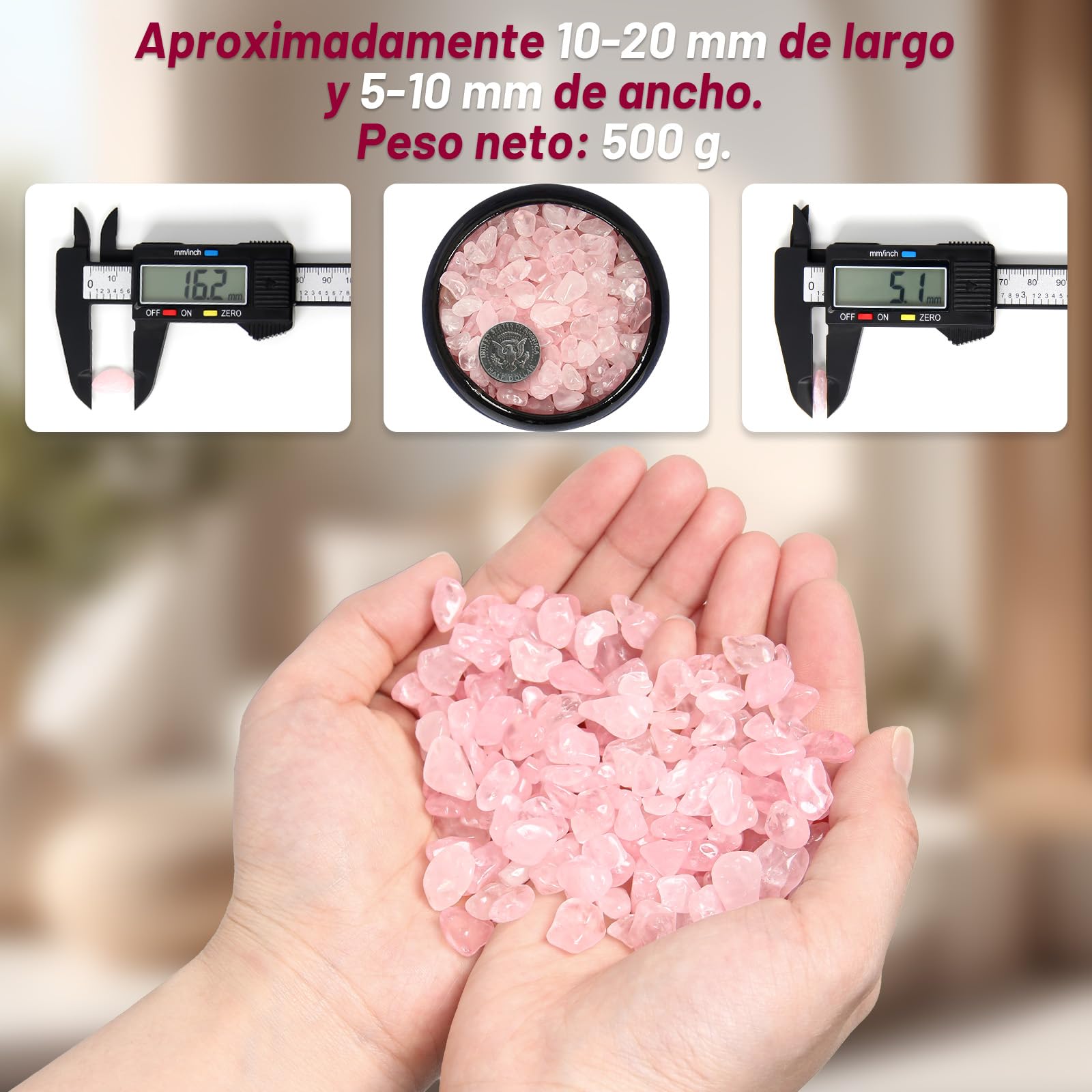 500g Chips de Cristal Natural de Cuarzo Rosa Triturado - Chips de Cristales de Sanación de Cuarzo Rosa a Granel, Gemas de Cristal Triturado para Manualidades, Hermoso Paquete para Regalo