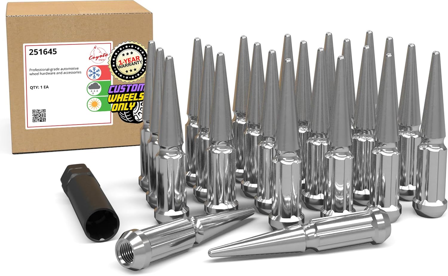 Wheel Accessories Parts 24 Pcs M12x1.5 12x1.5 Thread Spike Spline 4.40" Long Lug Nuts Chrome 7/8" & 13/16" Hex Fits Chevy Blazer Colorado GMC Jimmy Canyon ｜ Ford Bronco Ranger (No Raptor)