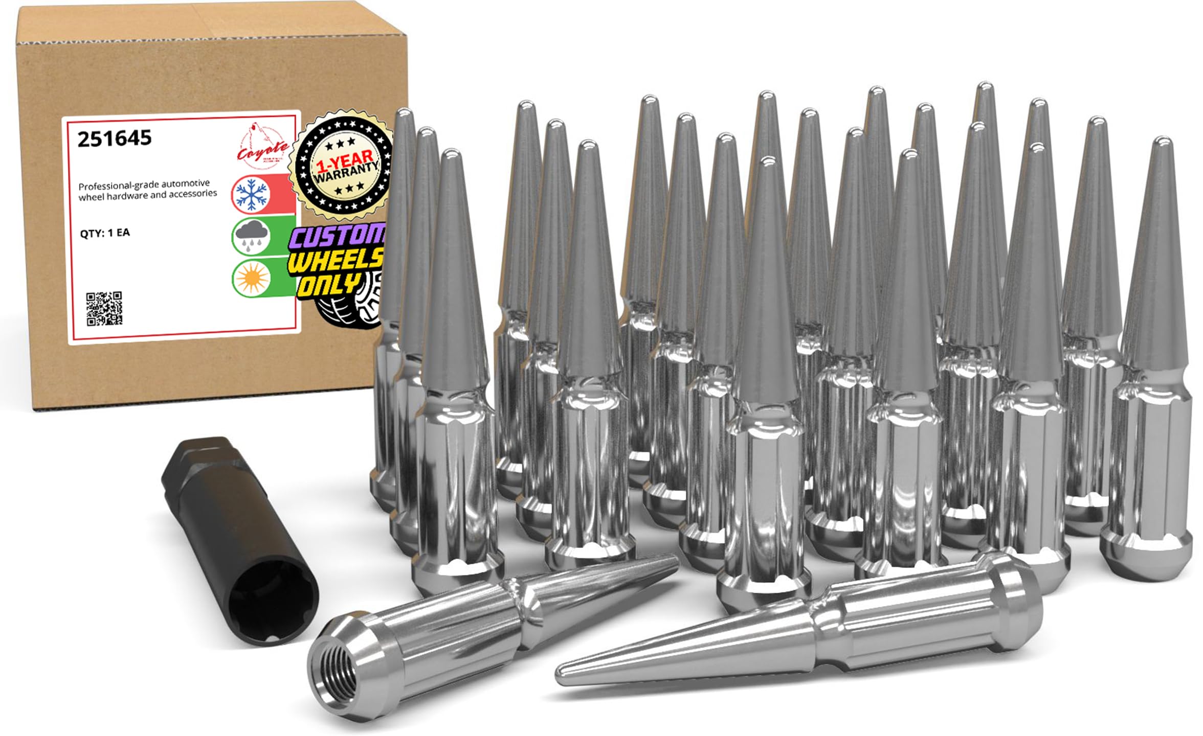 Wheel Accessories Parts 24 Pcs M12x1.5 12x1.5 Thread Spike Spline 4.40" Long Lug Nuts Chrome 7/8" & 13/16" Hex Fits Chevy Blazer Colorado GMC Jimmy Canyon ｜ Ford Bronco Ranger (No Raptor)