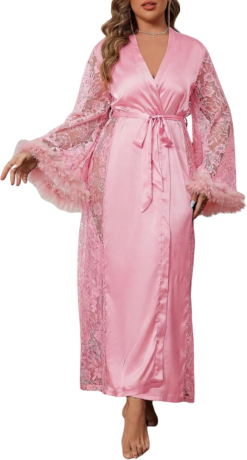 WDIRARA Women's Plus Size Satin Robe Sheer Lace Kimono Fuzzy V Neck Long Sleeve Belted Bathrobe