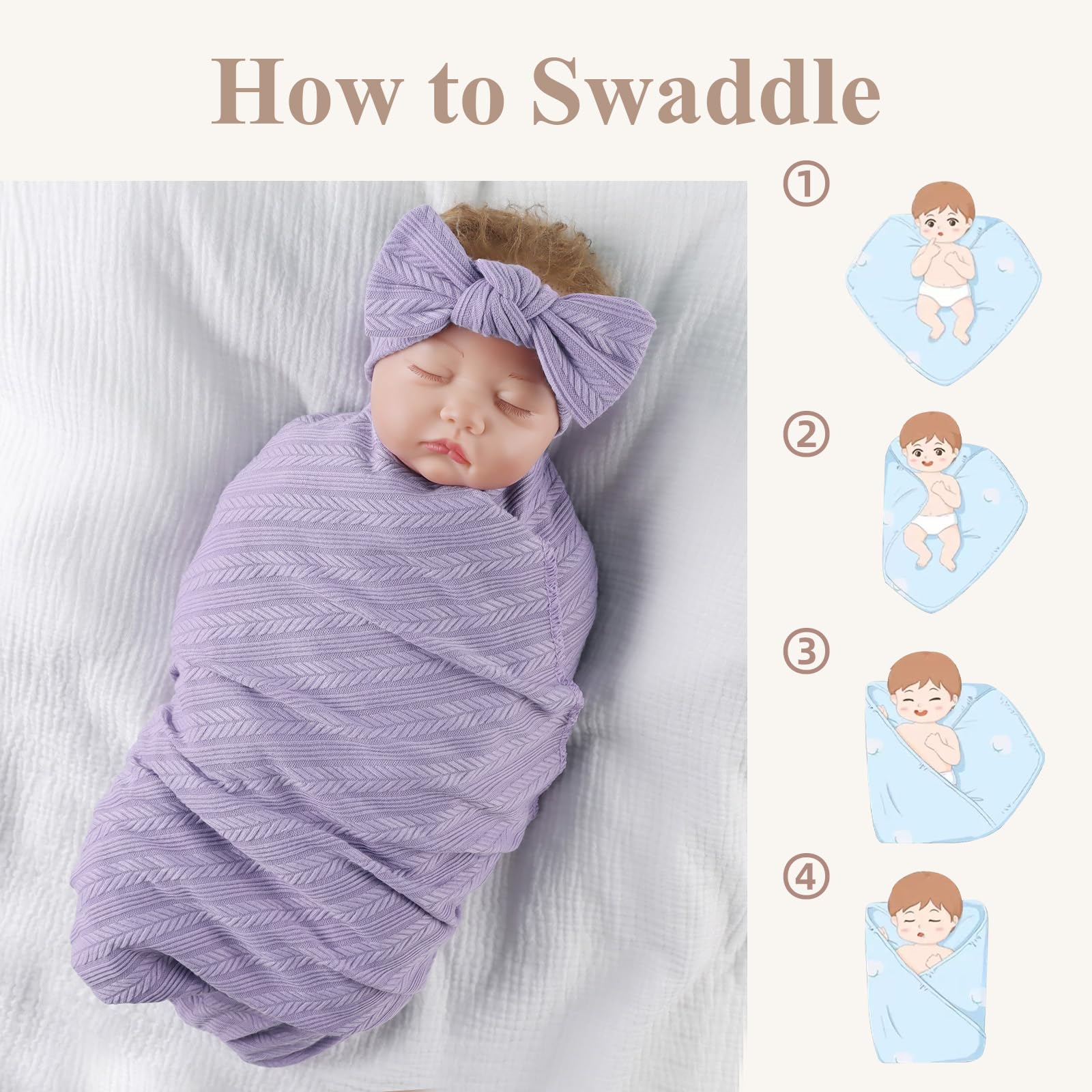 MniJiza Newborn Swaddle Blanket Baby Girls Receiving Blankets with Headband Beanie Hat Set Soft Nursery Swaddle Wrap (Purple) - Image 4