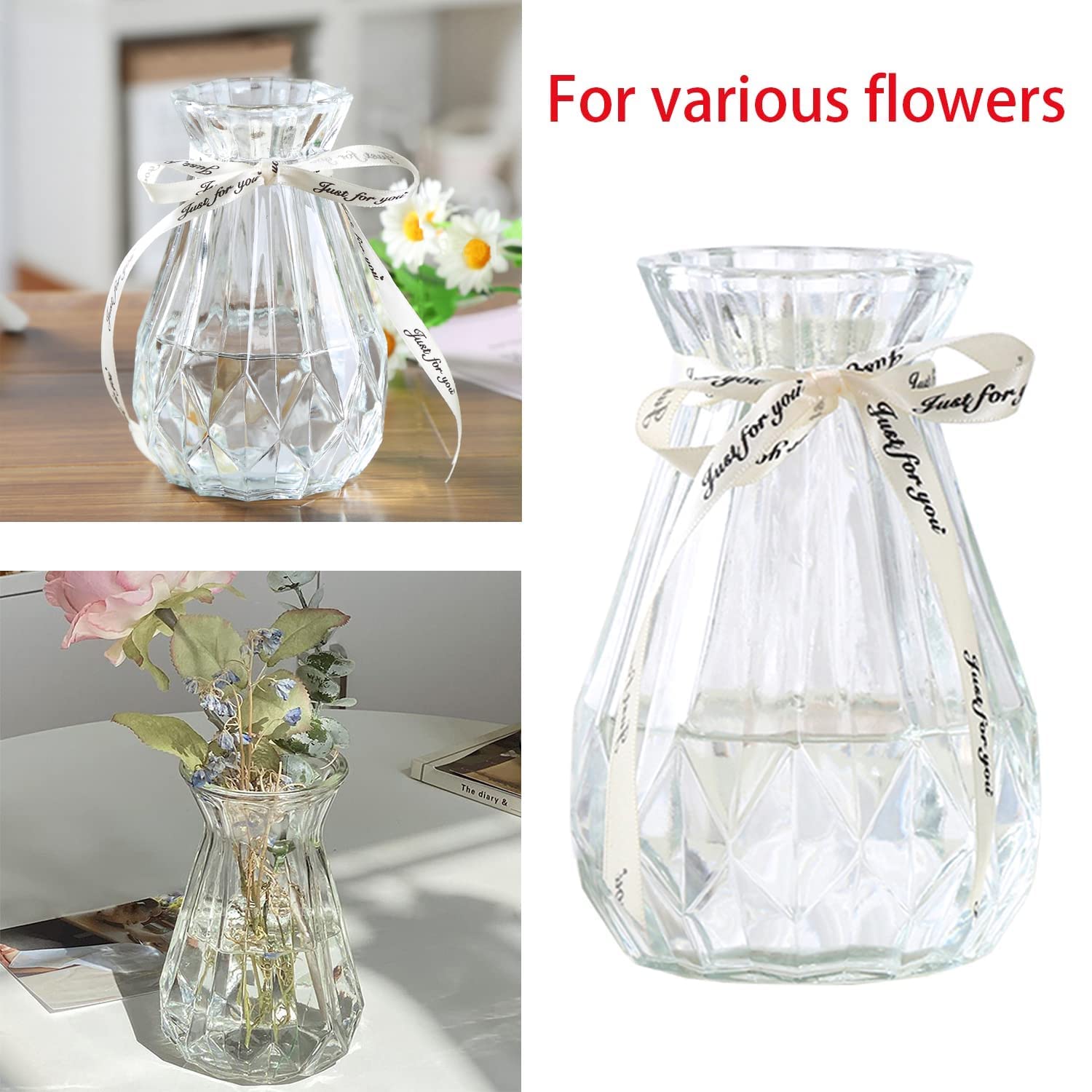TSKDKIT Clear Glass Vase Decoration Flowers Glass Bottle Thicken Vase with Ribbon Glass Vase for Gift Wedding Living Room Modern Decor(18 x 8cm) - Image 4