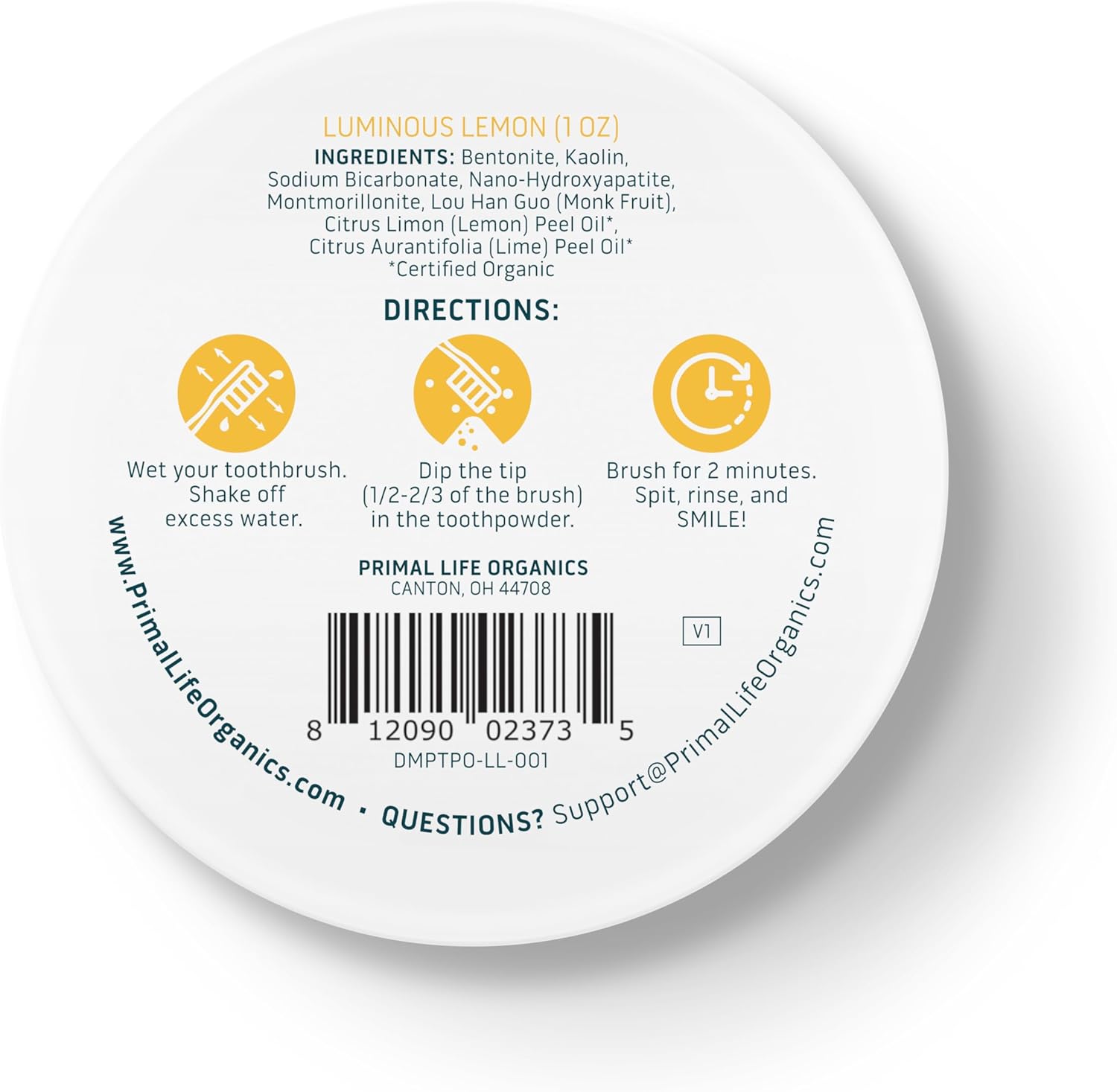 Primal Life Organics - Dirty Mouth Luminous Lemon Toothpowder, Tooth Cleaning Powder, Flavored Essential Oils with Natural Kaolin & Bentonite Clay, Good for 200+ Brushings