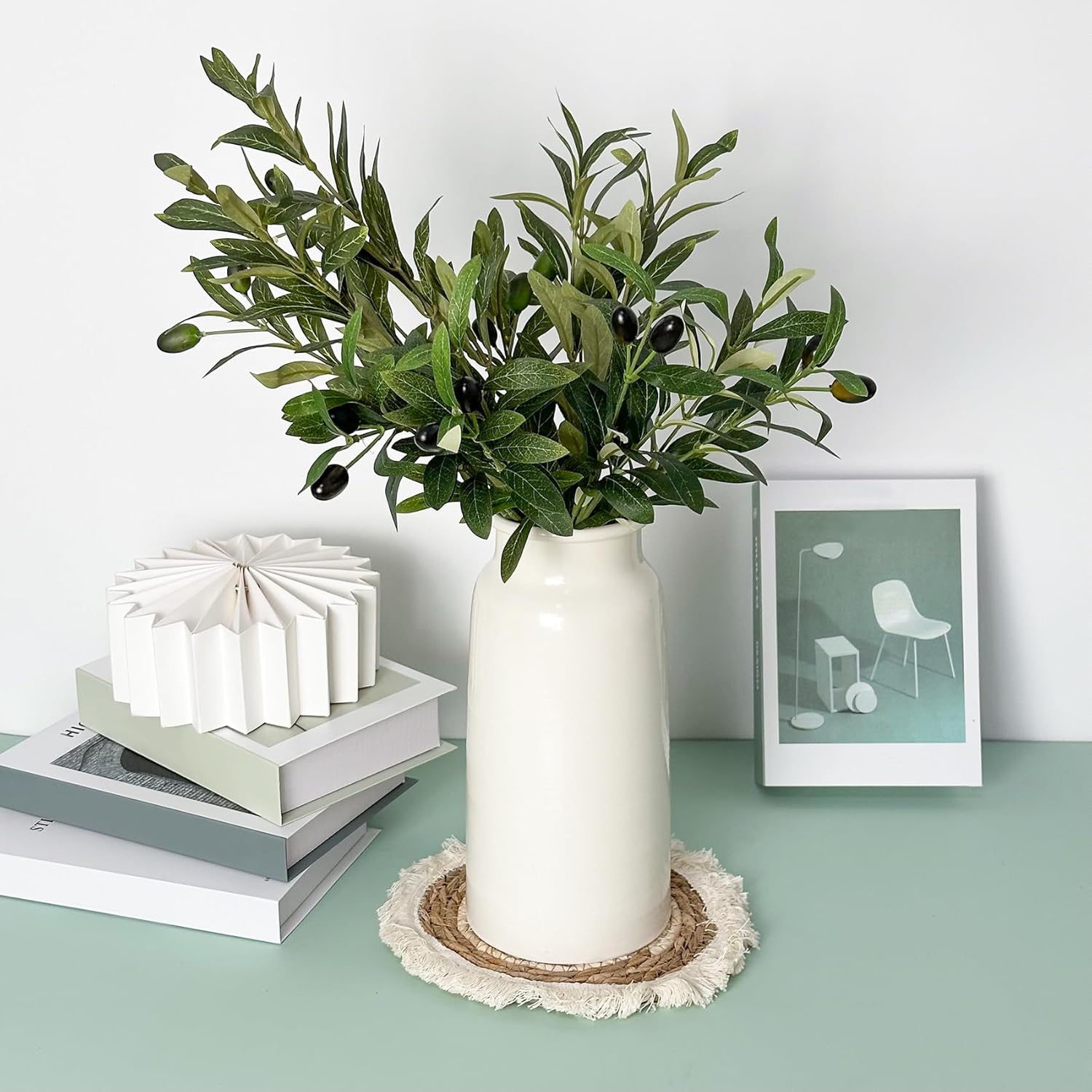 Modern White Metal Vase for Pampas Grass Bouquet, 10.67" Minimalist House Living Room Bedroom Restroom Decor Aesthetic, Anniversary Wedding Gift for Centerpiece Table Decorations Accessories for Women
